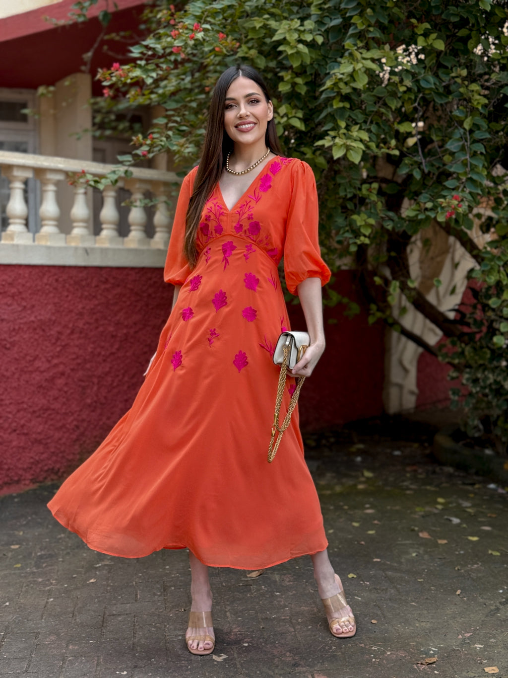 Coral Grace Midi Dress