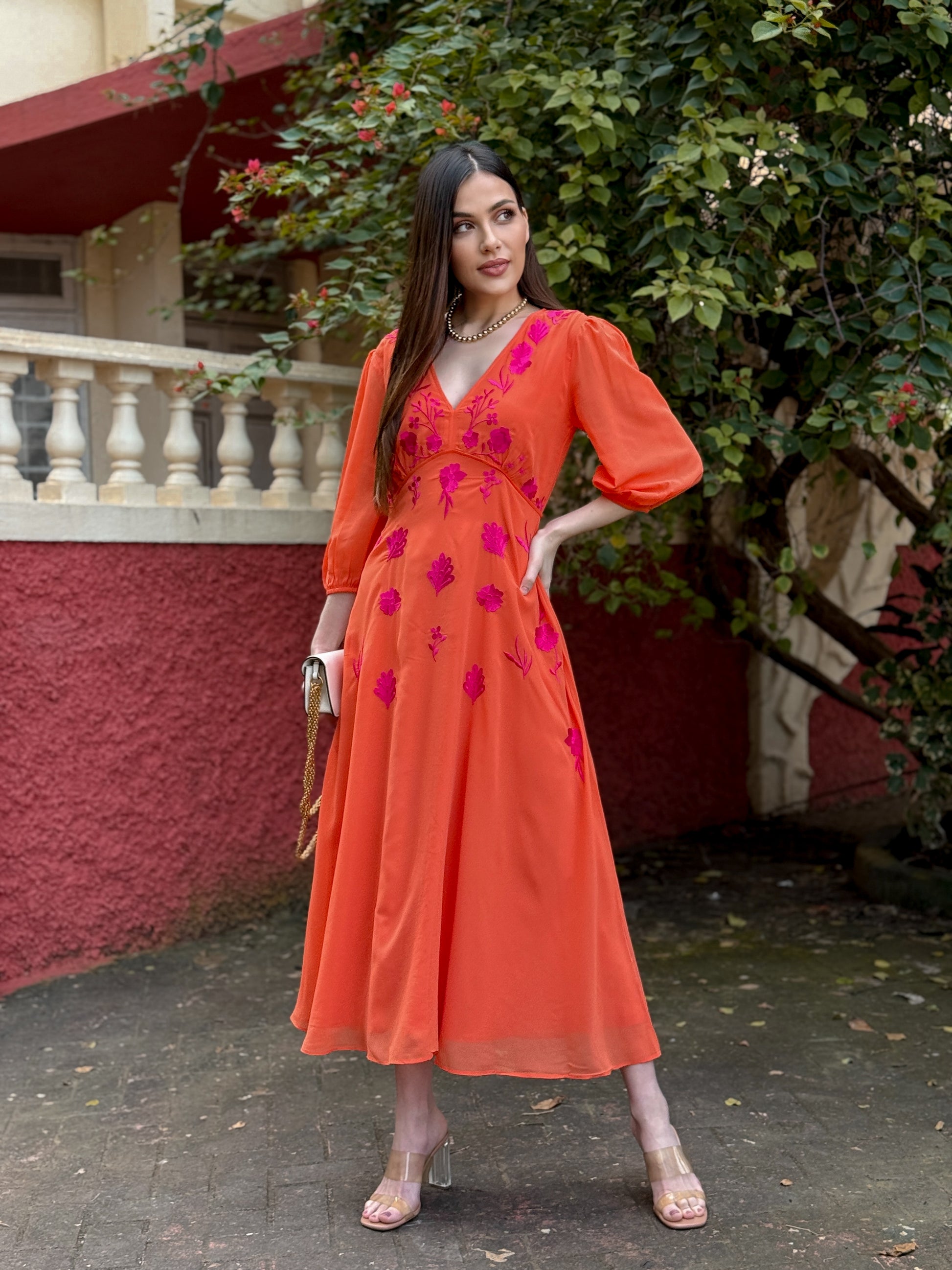 Coral Grace Midi Dress