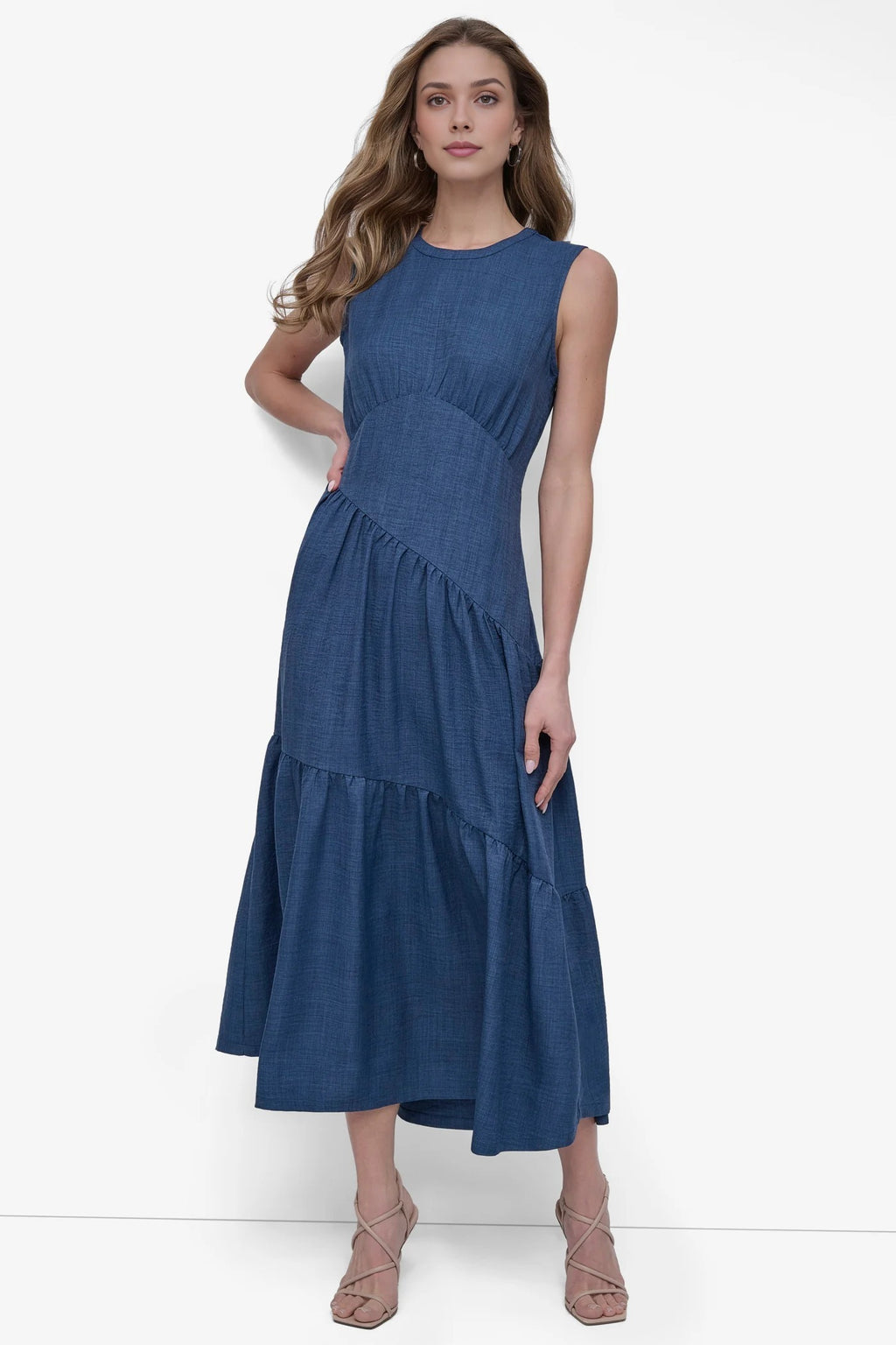 blue denim dress, midi, western dress, european fashion