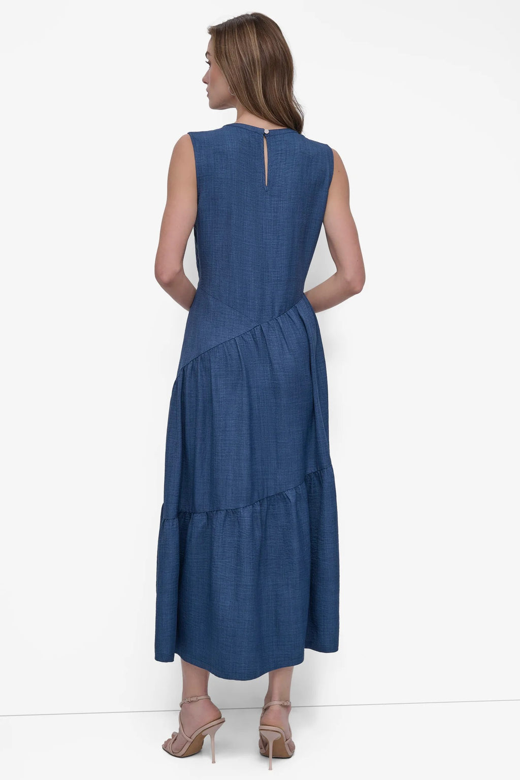 blue denim dress, midi, western dress, european fashion, western style, feminine style, minimal fashion, button back dress