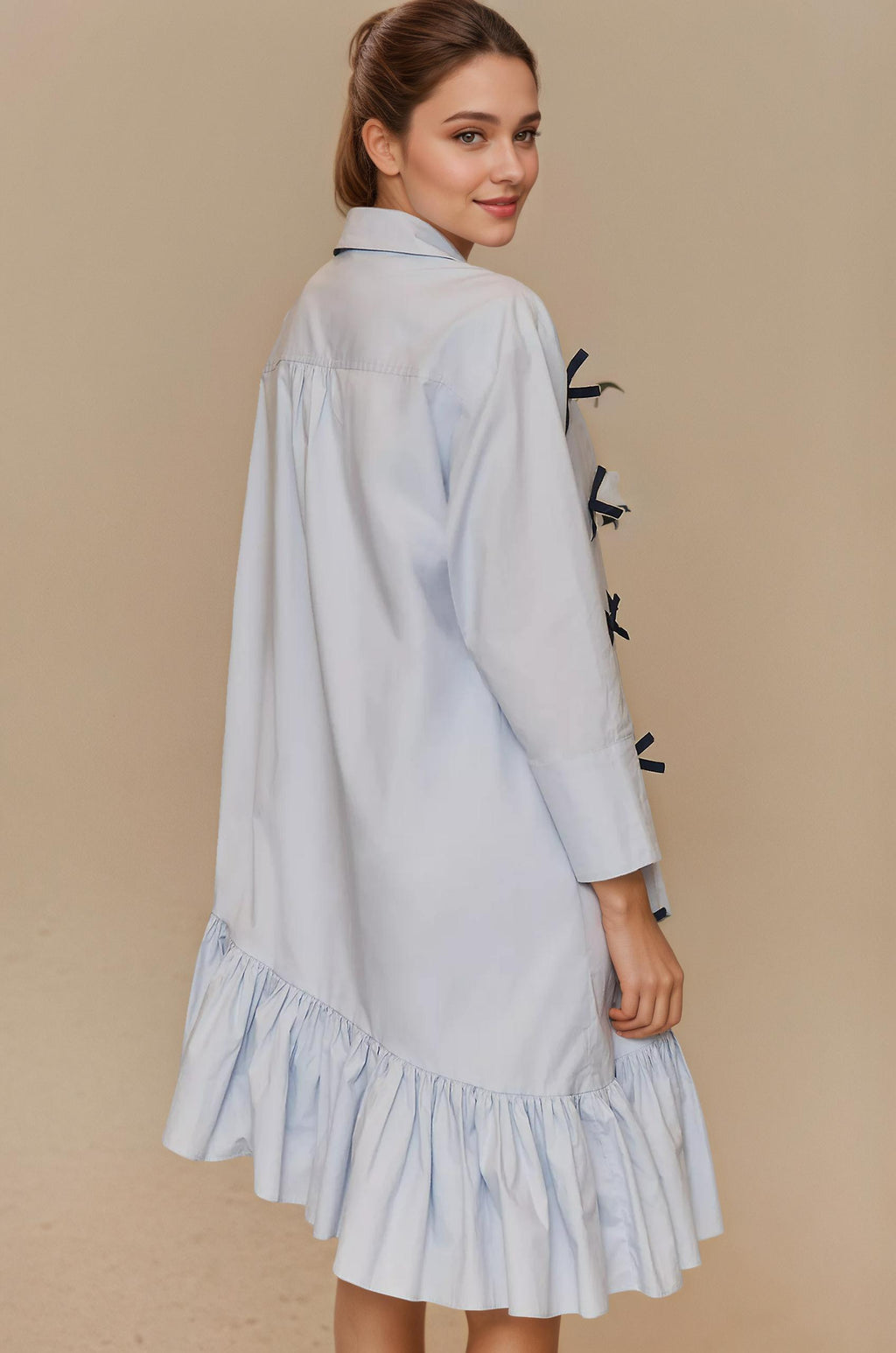 shirt dress with a bow, bow shirt dress, shirt dress, blue shirt