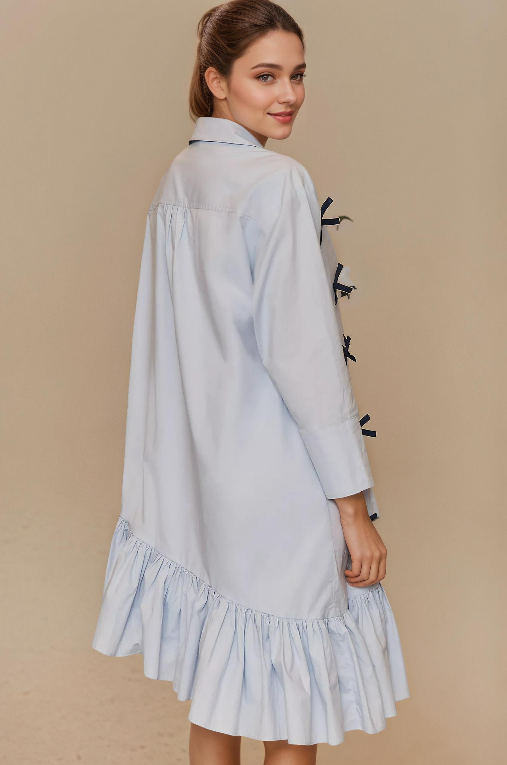 shirt dress with a bow, bow shirt dress, shirt dress, blue shirt