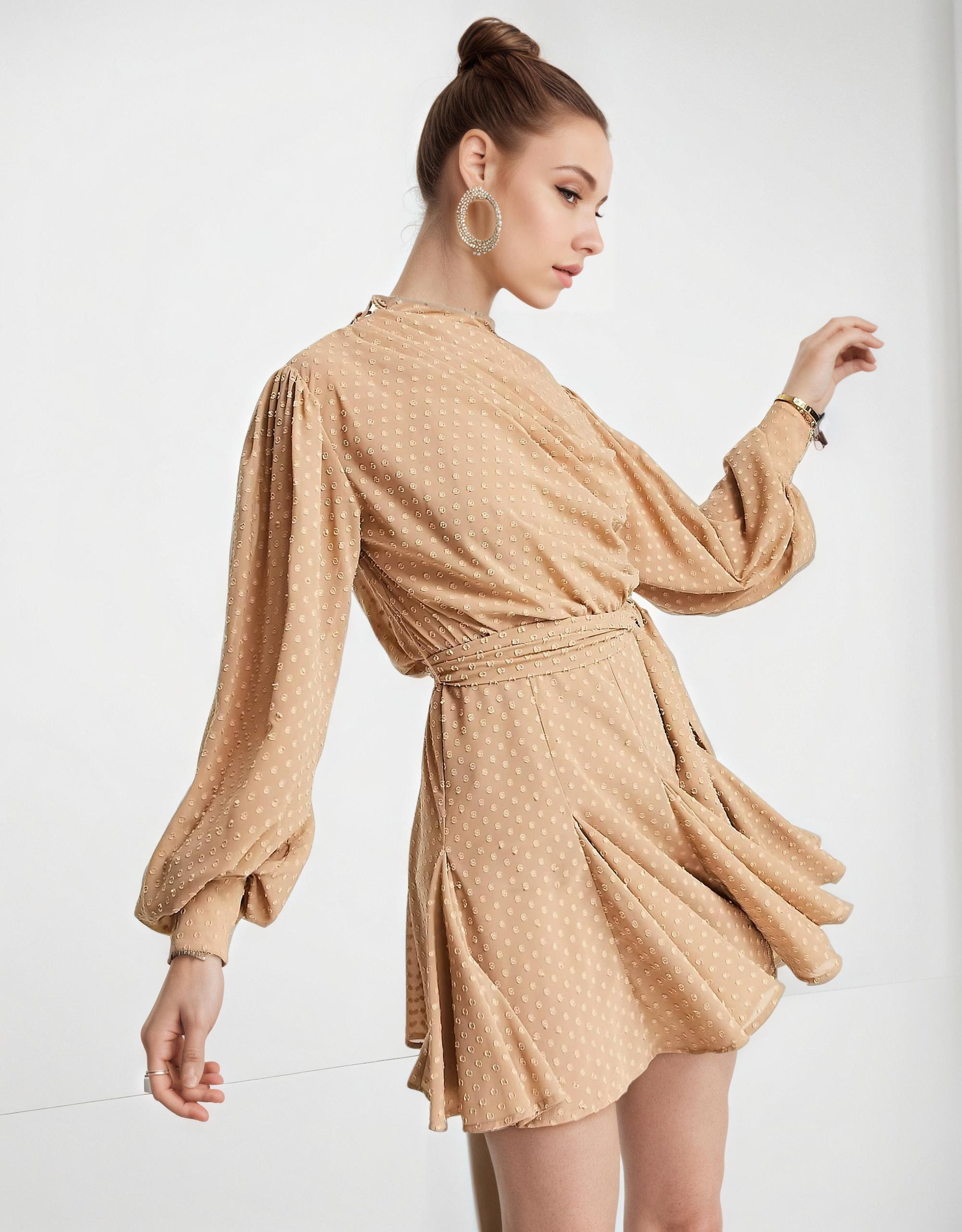 mini dress, beige dress, chiffon dress, summer dress, dot details, feminine