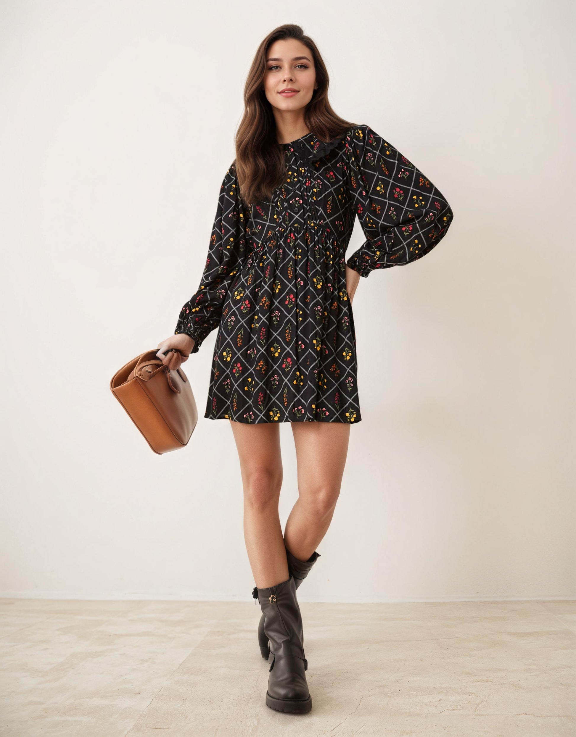 collar dress, floral dress, diamond print, elastic waist