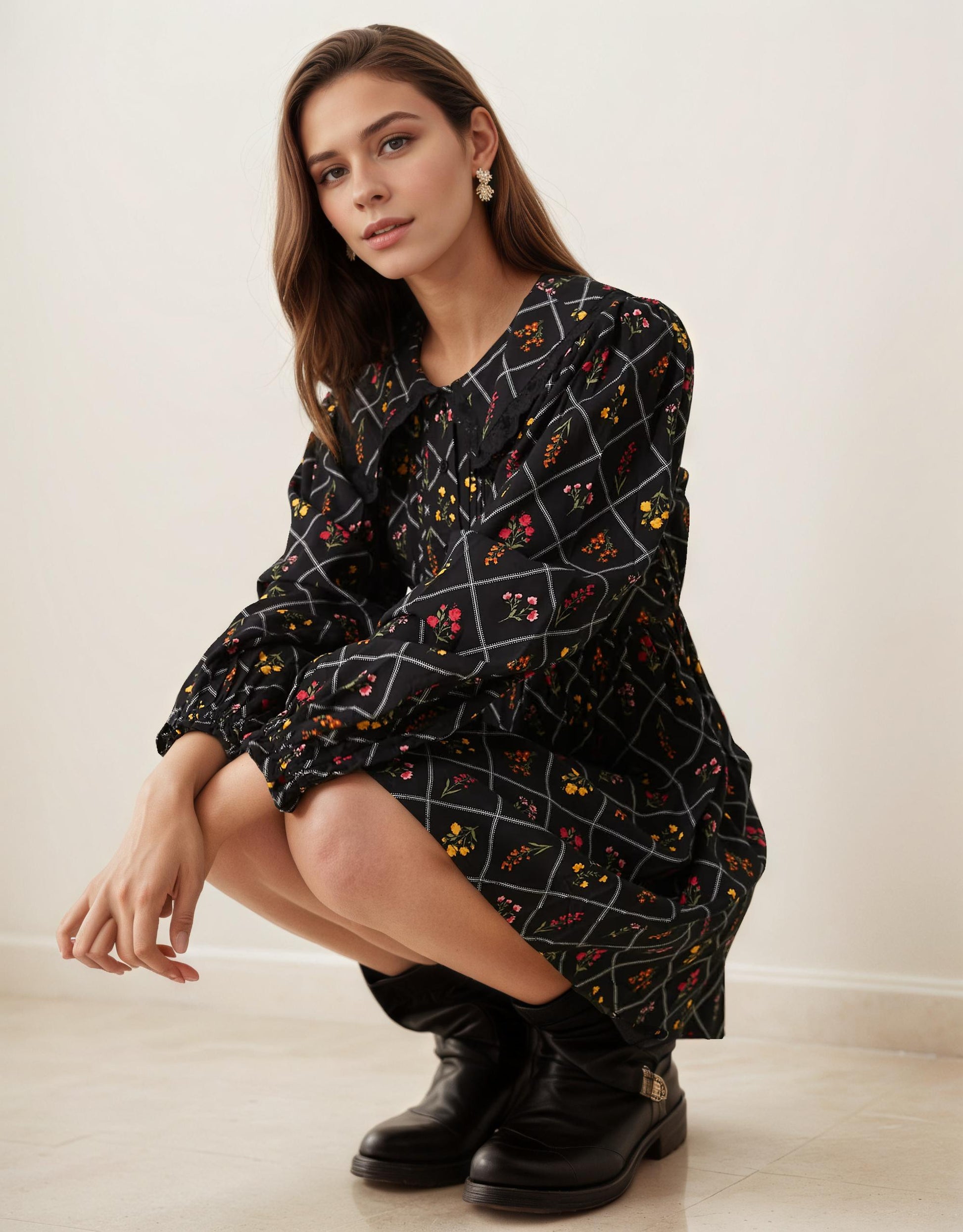 collar dress, floral dress, diamond print, elastic waist, western, modern