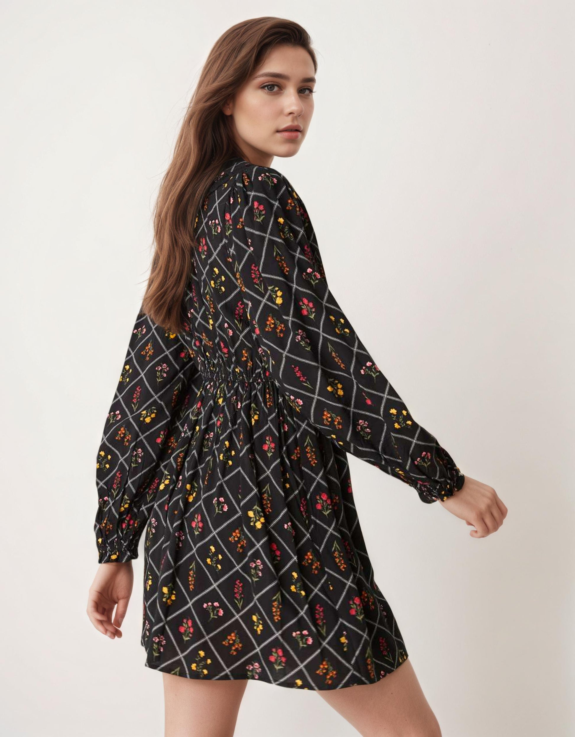 collar dress, floral dress, diamond print, elastic waist, european style, street style
