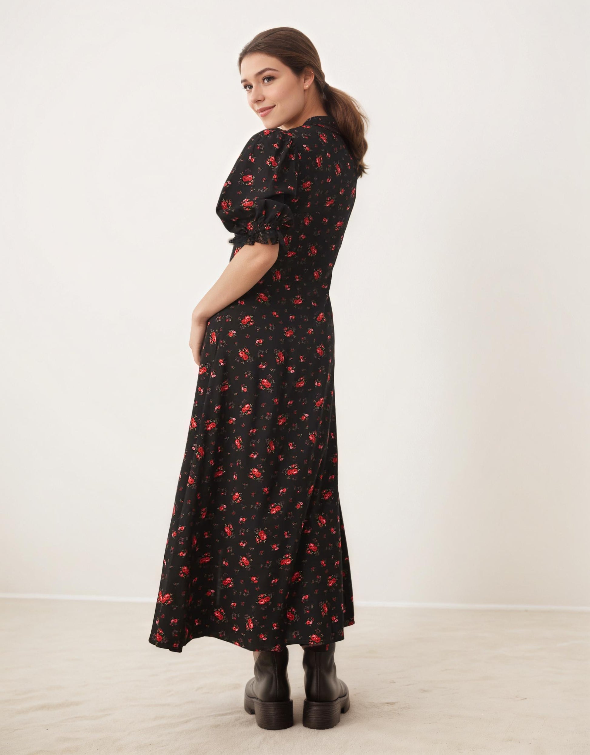 floral midi, midi dress, romantic dress, evening dress, floral back
