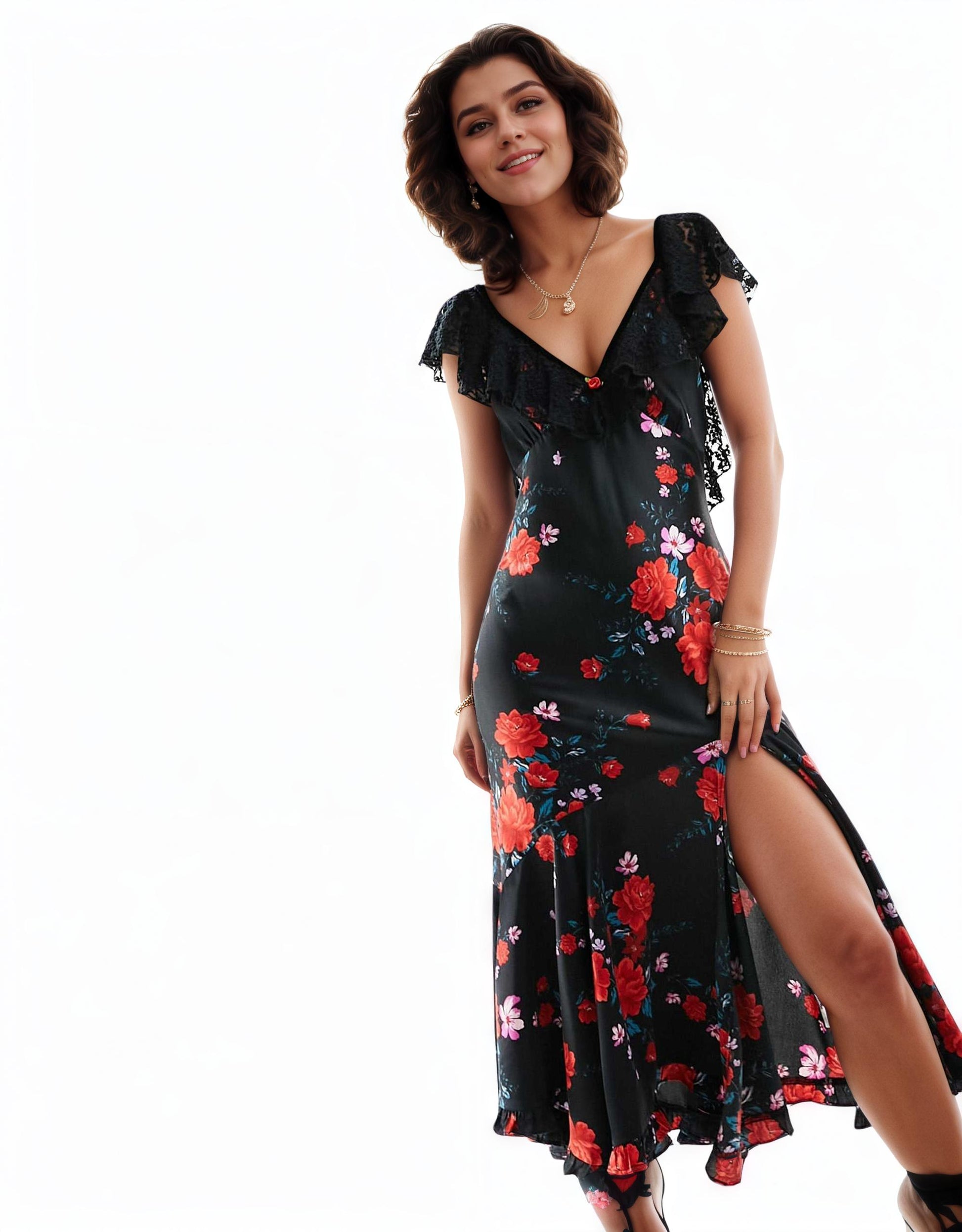 floral midi, satin dress, romantic dress, date dress,