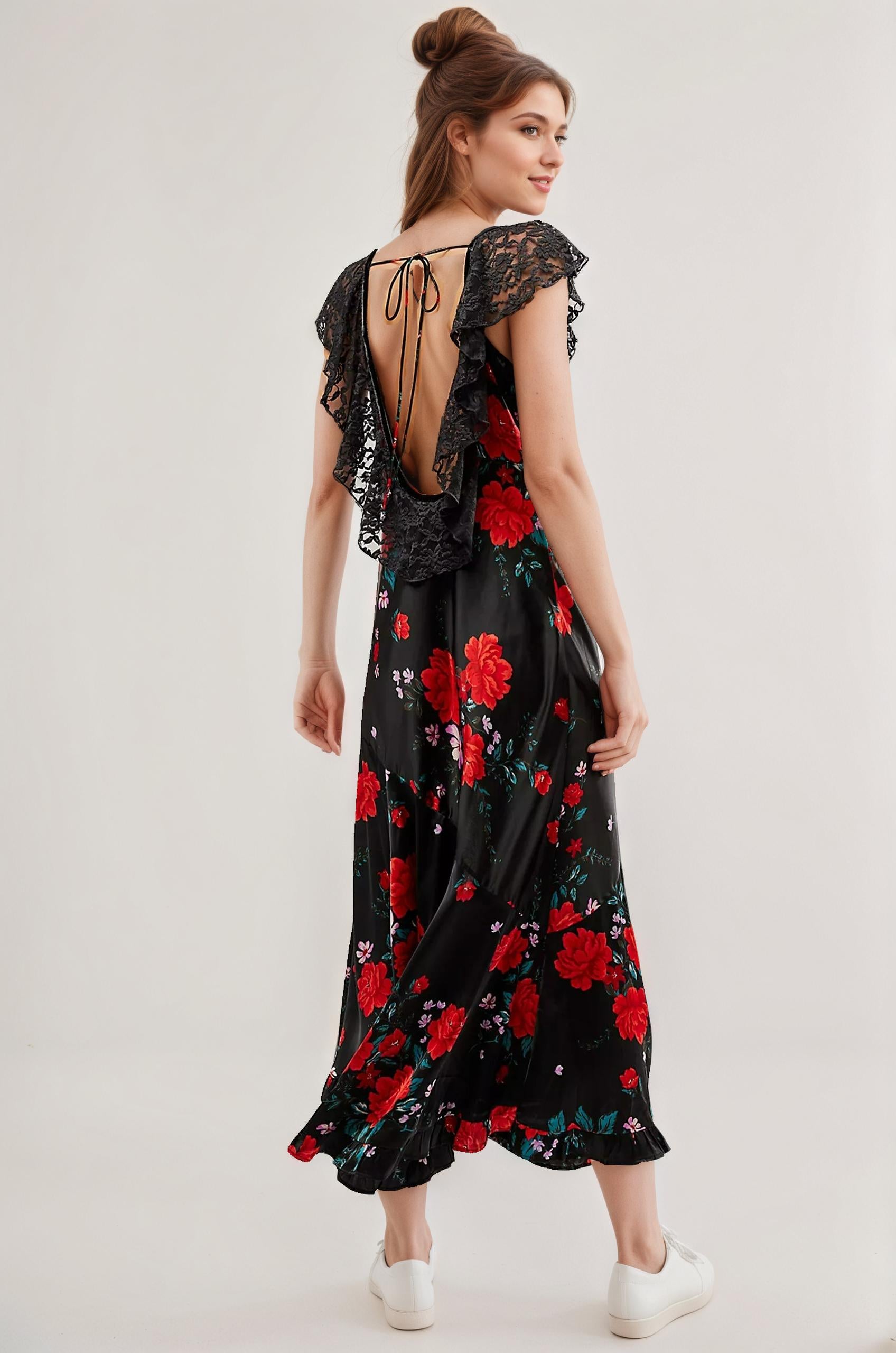 floral midi, satin dress, romantic dress, date dress, tie up back