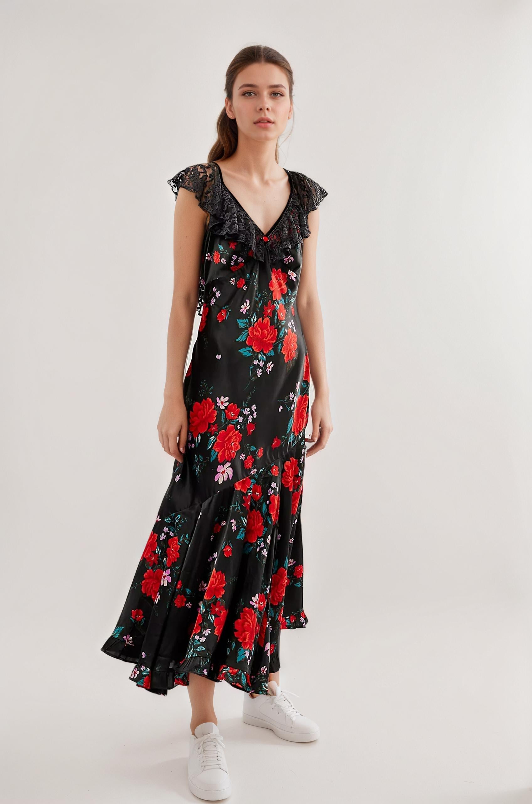 floral midi, satin dress, romantic dress, date dress, lace neck, v neck