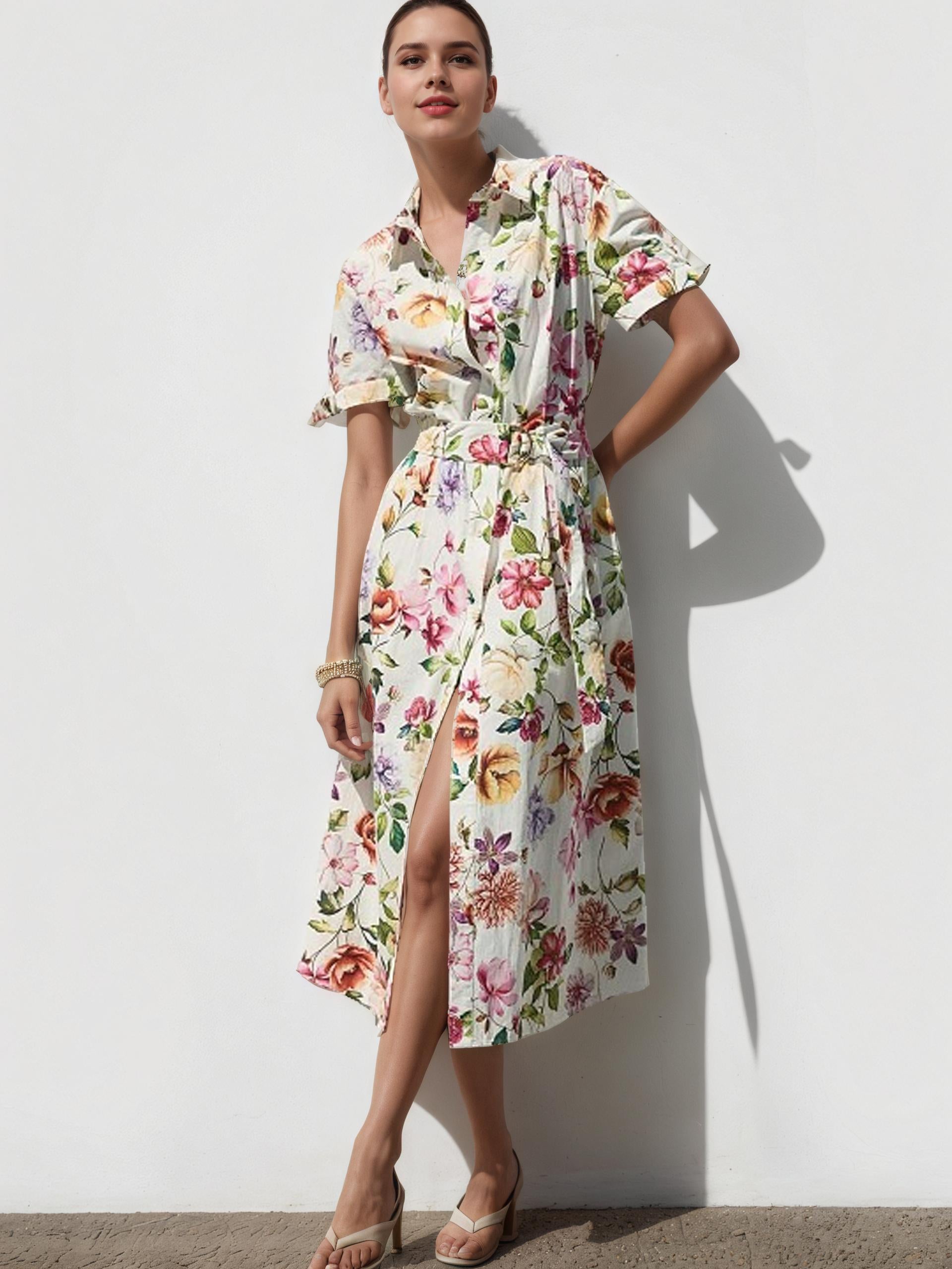 floral shirt dress, midi shirt dress, floral dress, 
