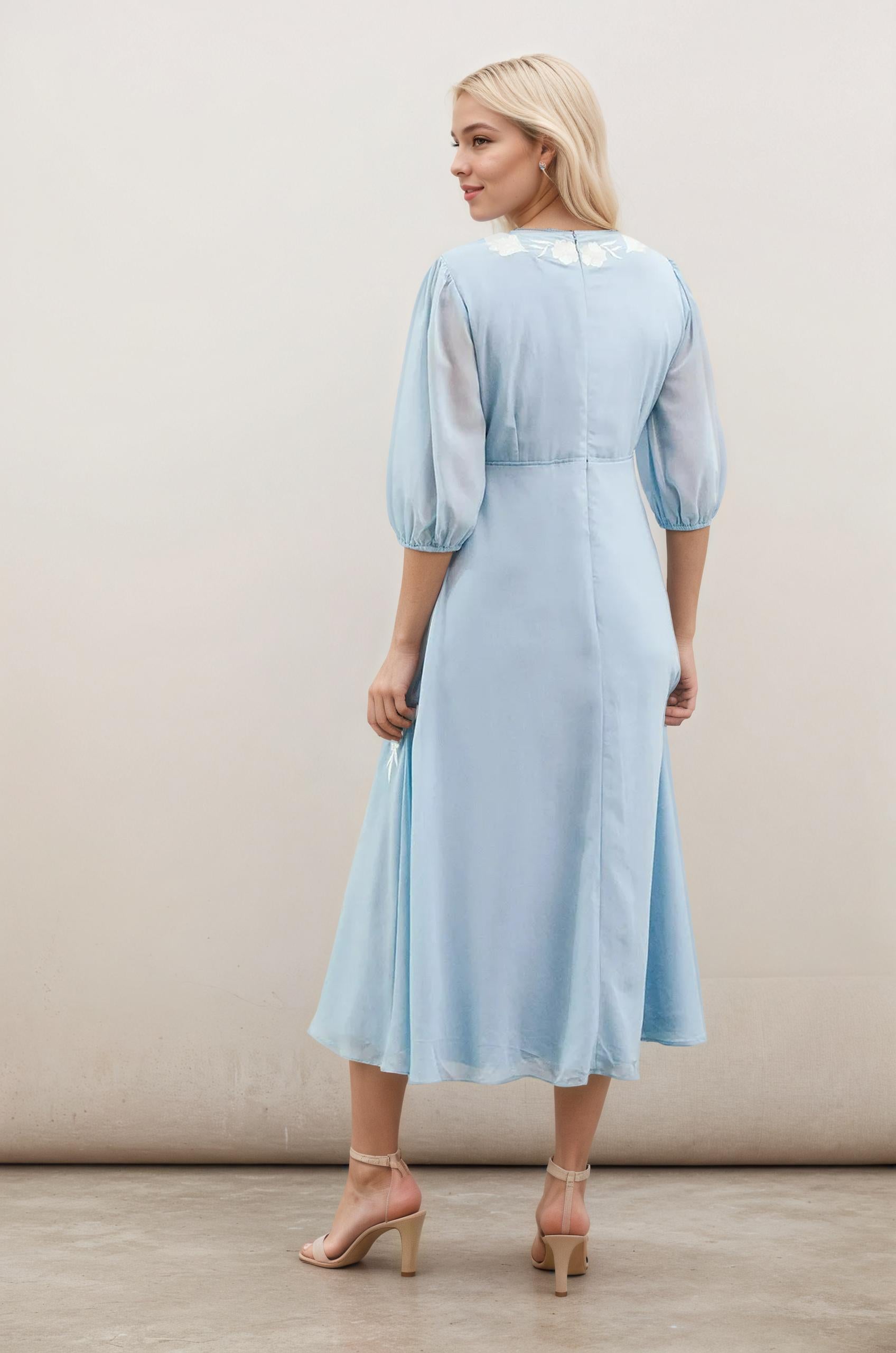 light blue midi dress, midi dress, elegant dress, flowy dress, party dress, 