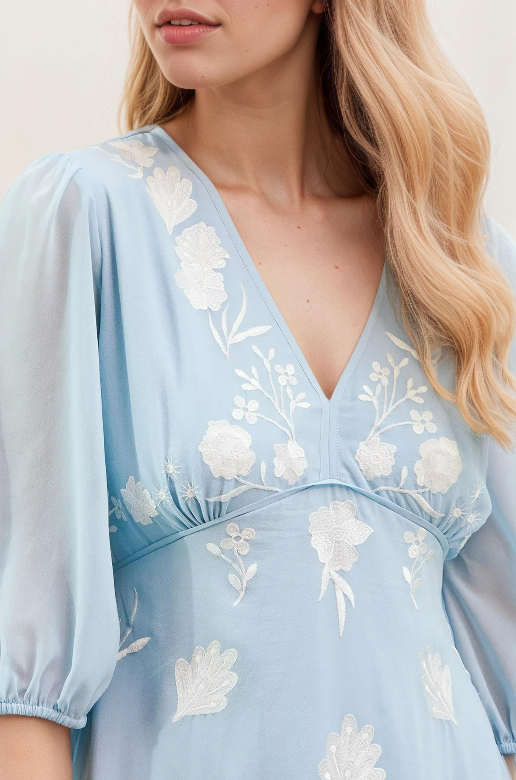 light blue midi dress, midi dress, elegant dress, floral white details