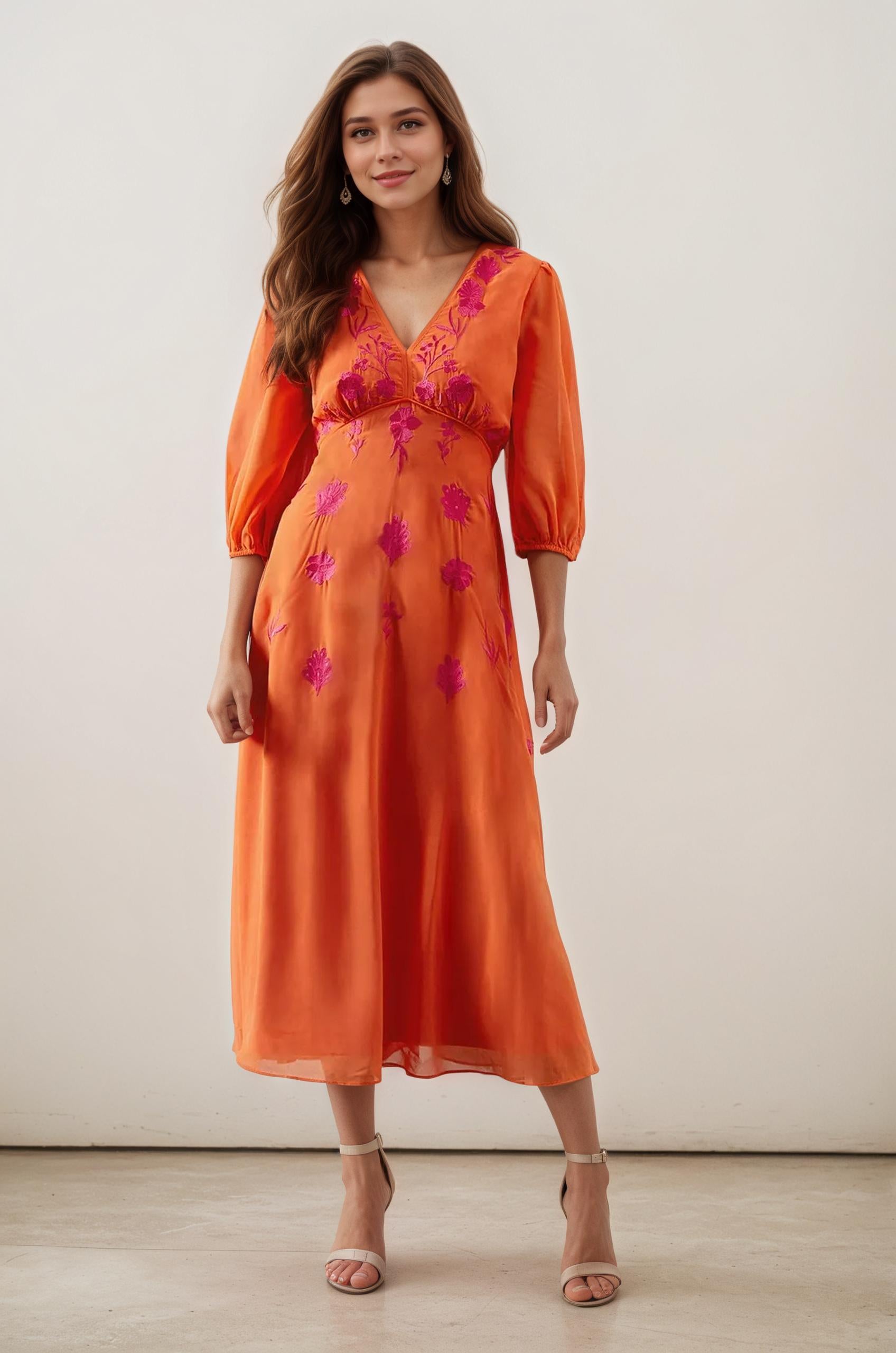 orange midi dress, plus size dress, floral midi, 