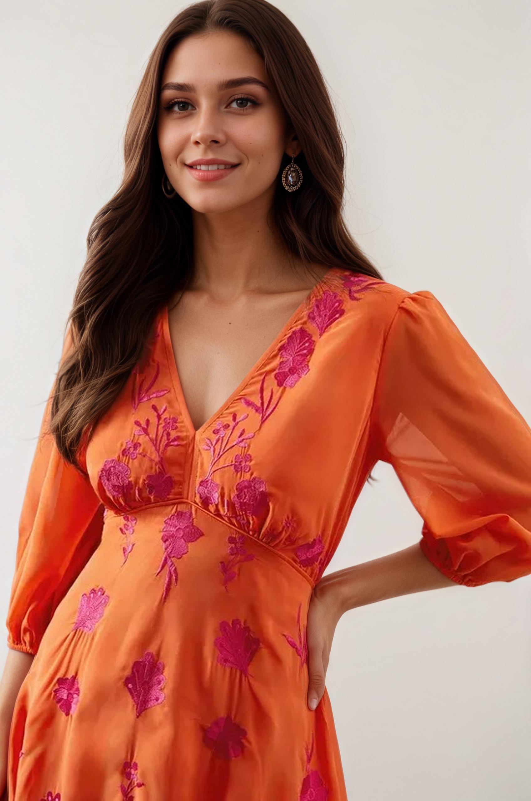 orange midi dress, plus size dress, floral midi, embroidery dress