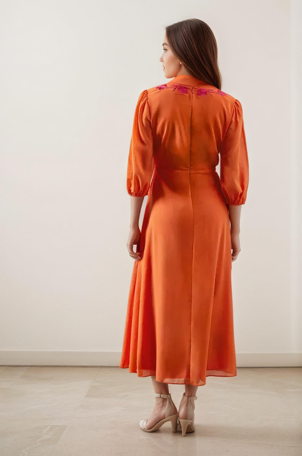 orange midi dress, plus size dress, floral midi, european wear