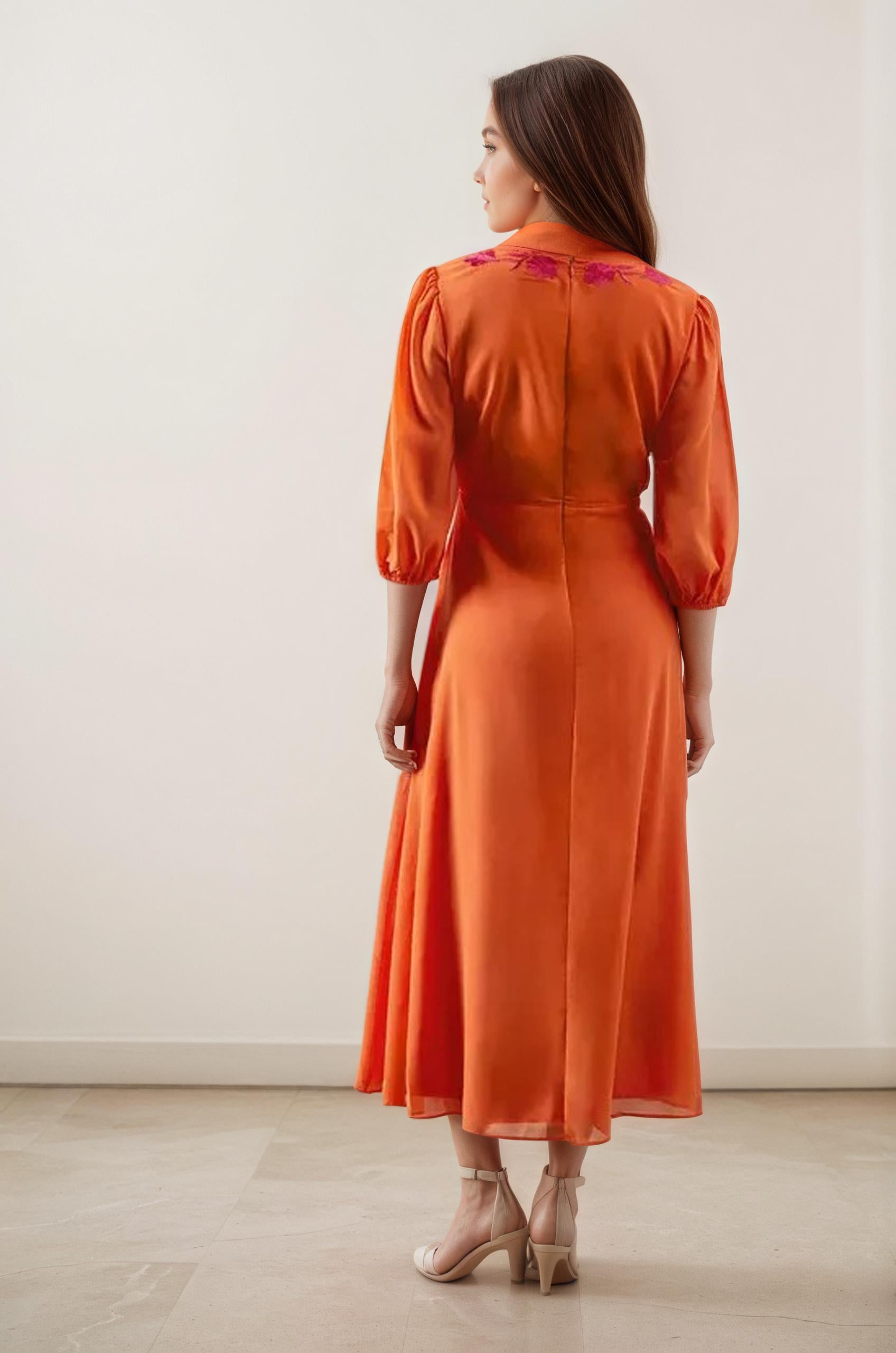 orange midi dress, plus size dress, floral midi, european wear