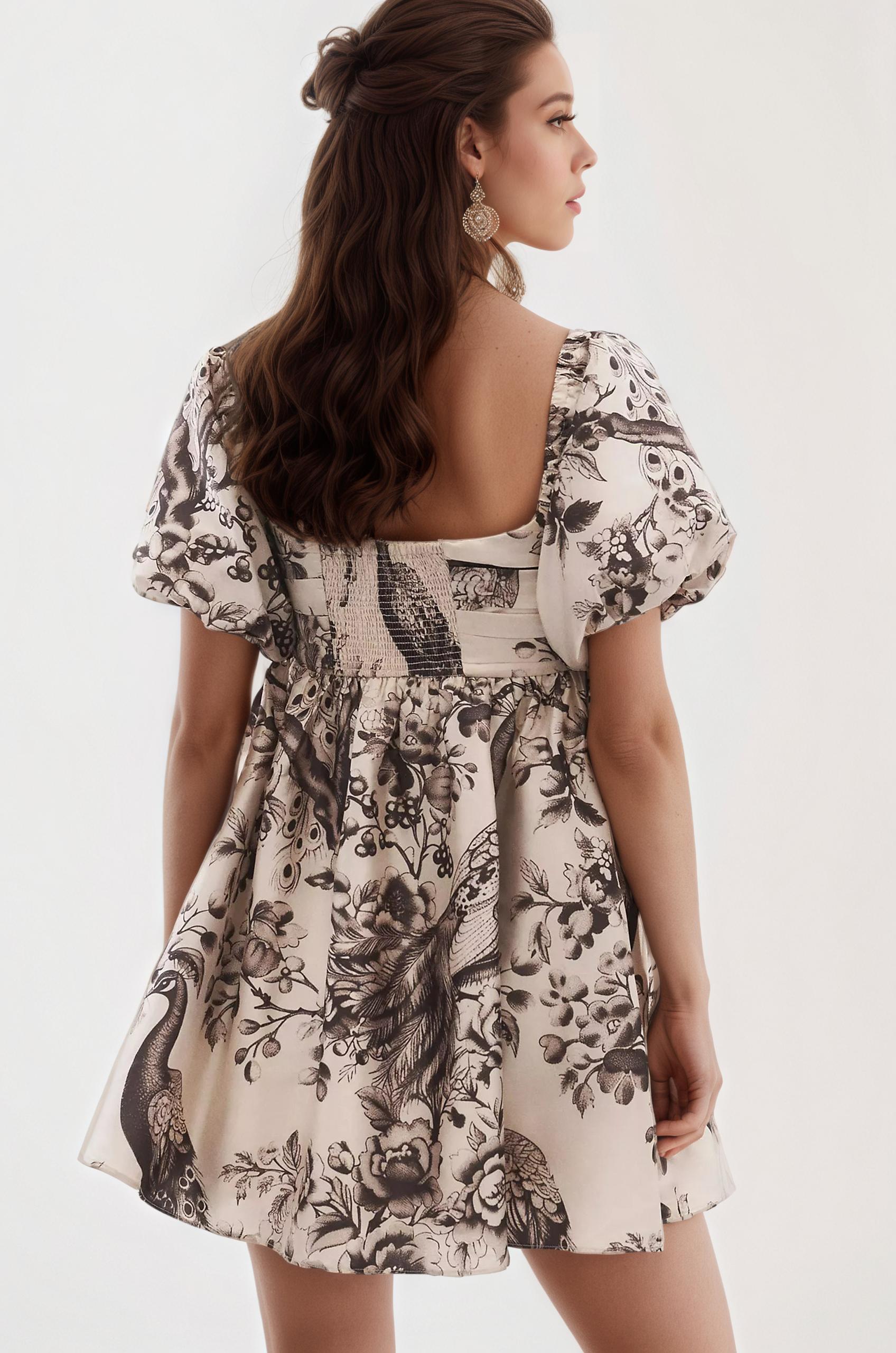 peacock design, printed dress, mini dress, puff dress, indian print