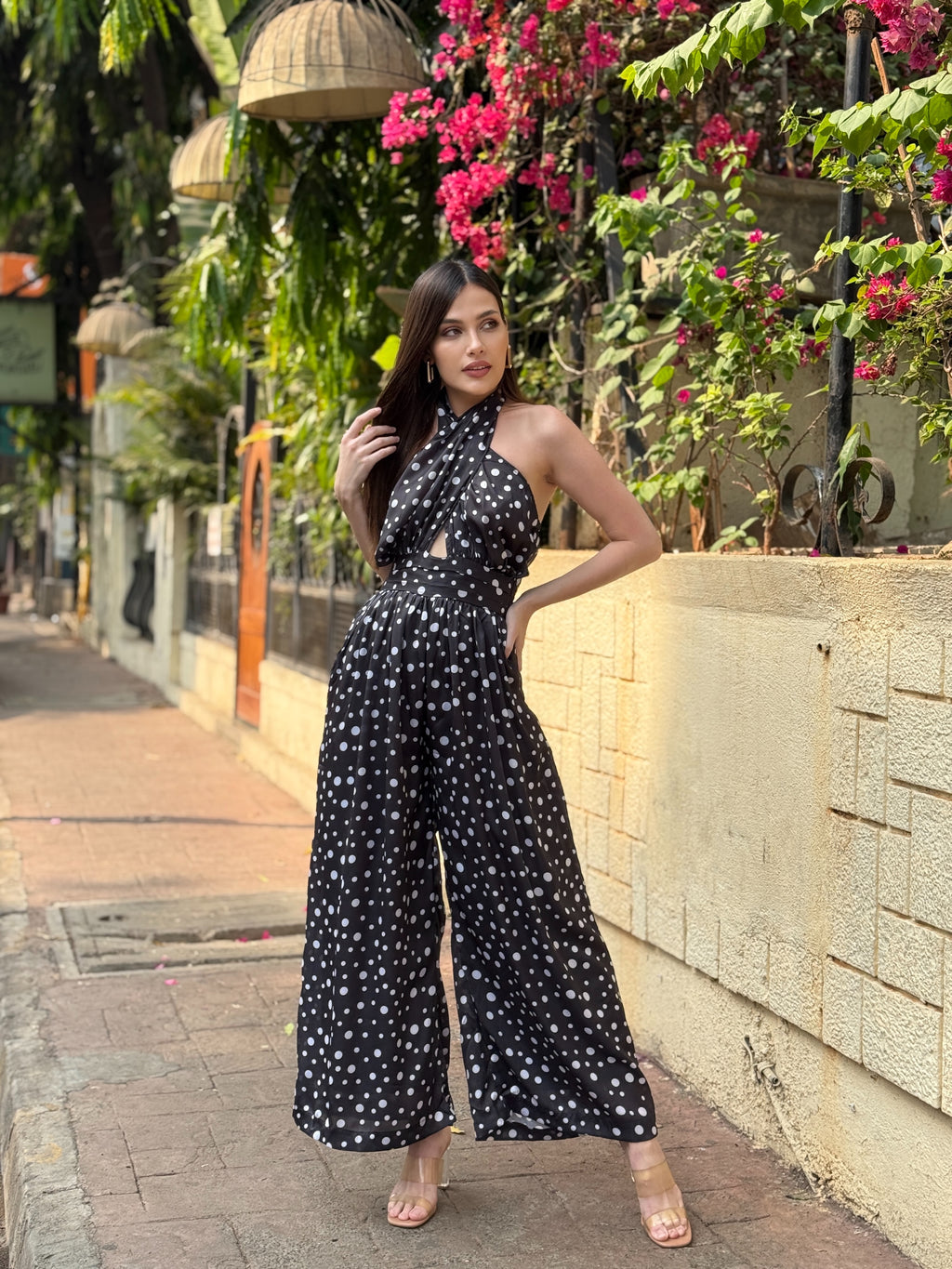 polka dot wide leg jumpsuit flowy