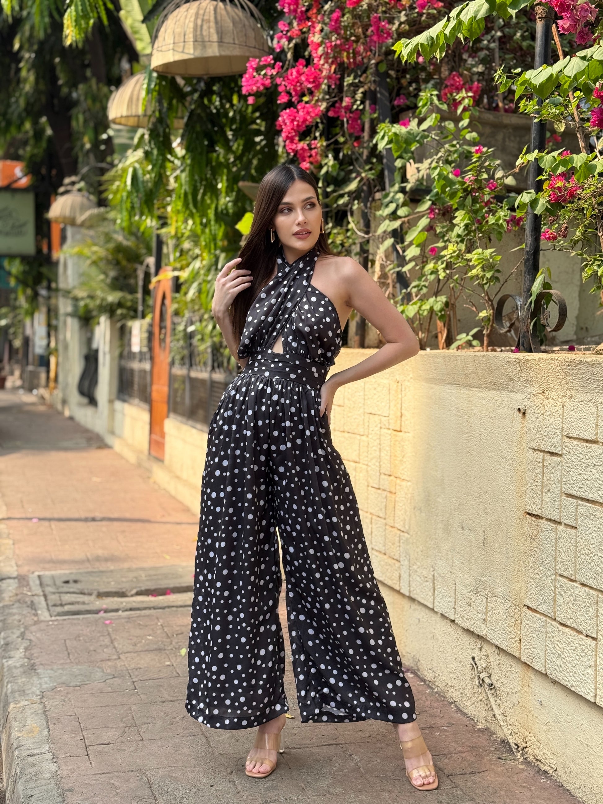 polka dot wide leg jumpsuit flowy