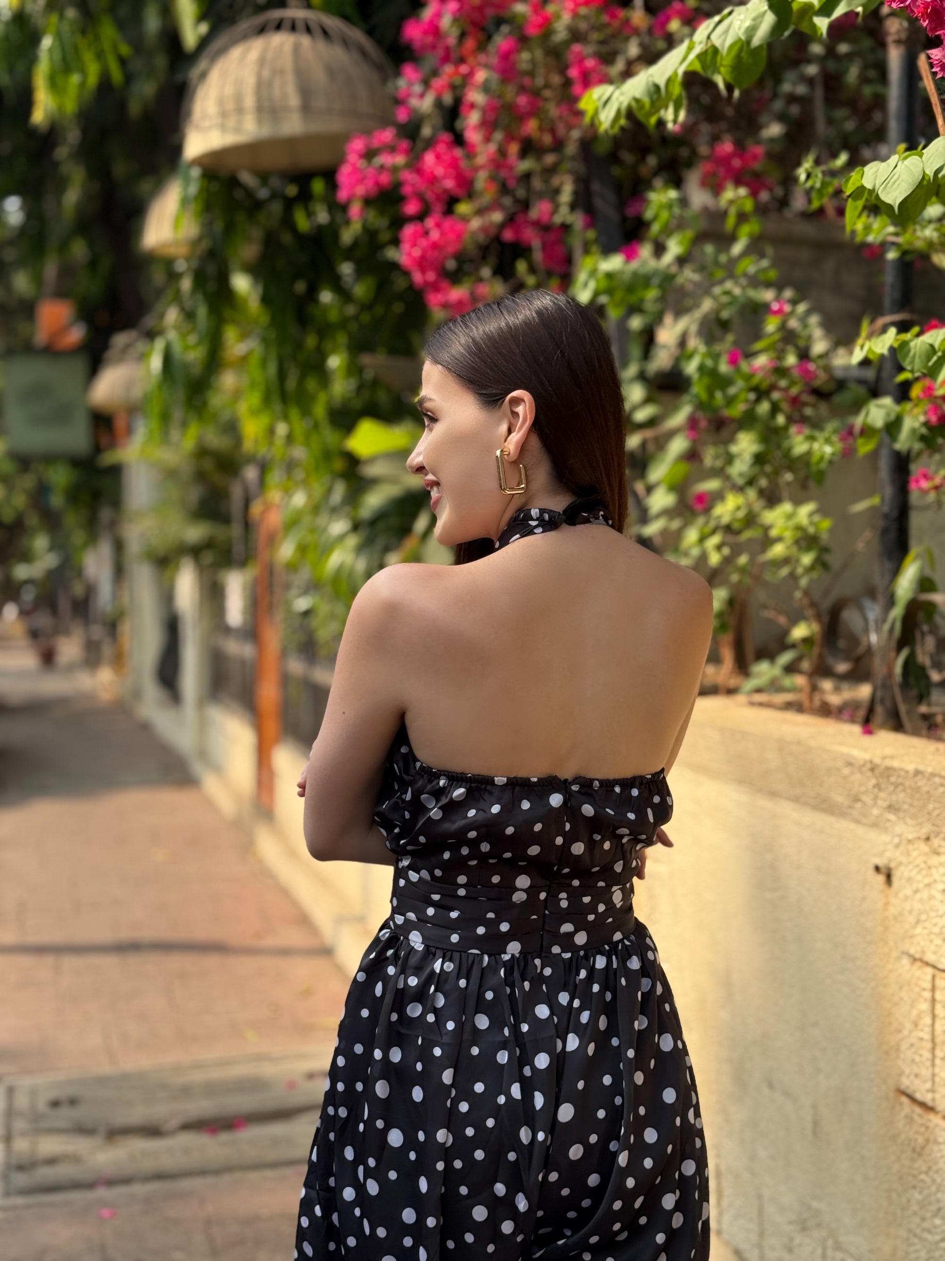 polka dot wide leg jumpsuit elastic back elegance