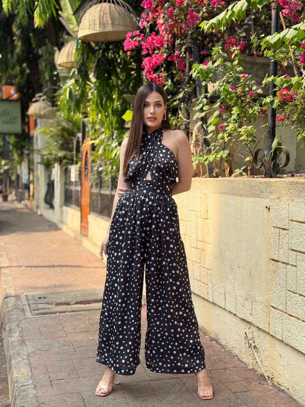 polka dot wide leg jumpsuit halter neck