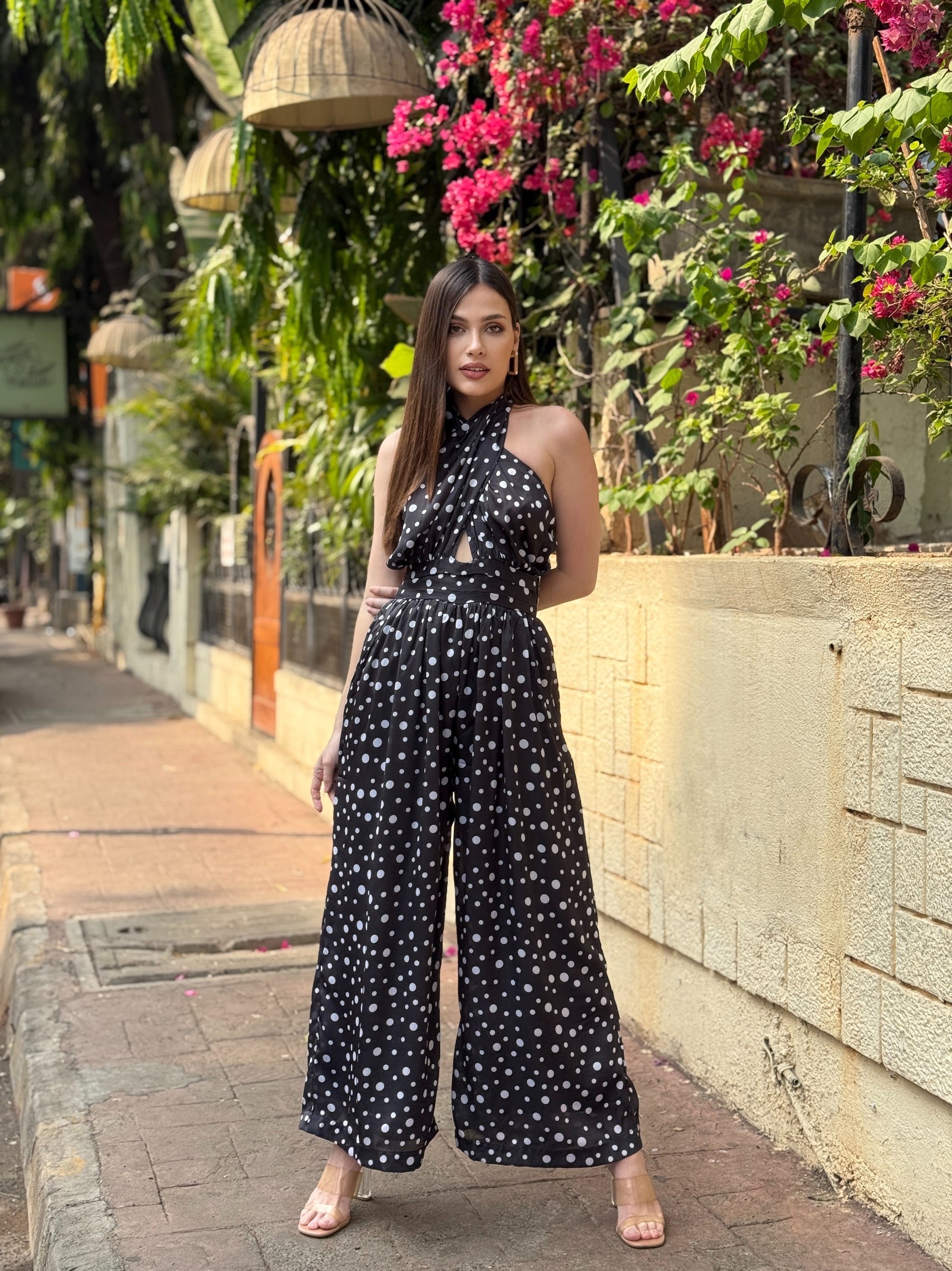 polka dot wide leg jumpsuit halter neck