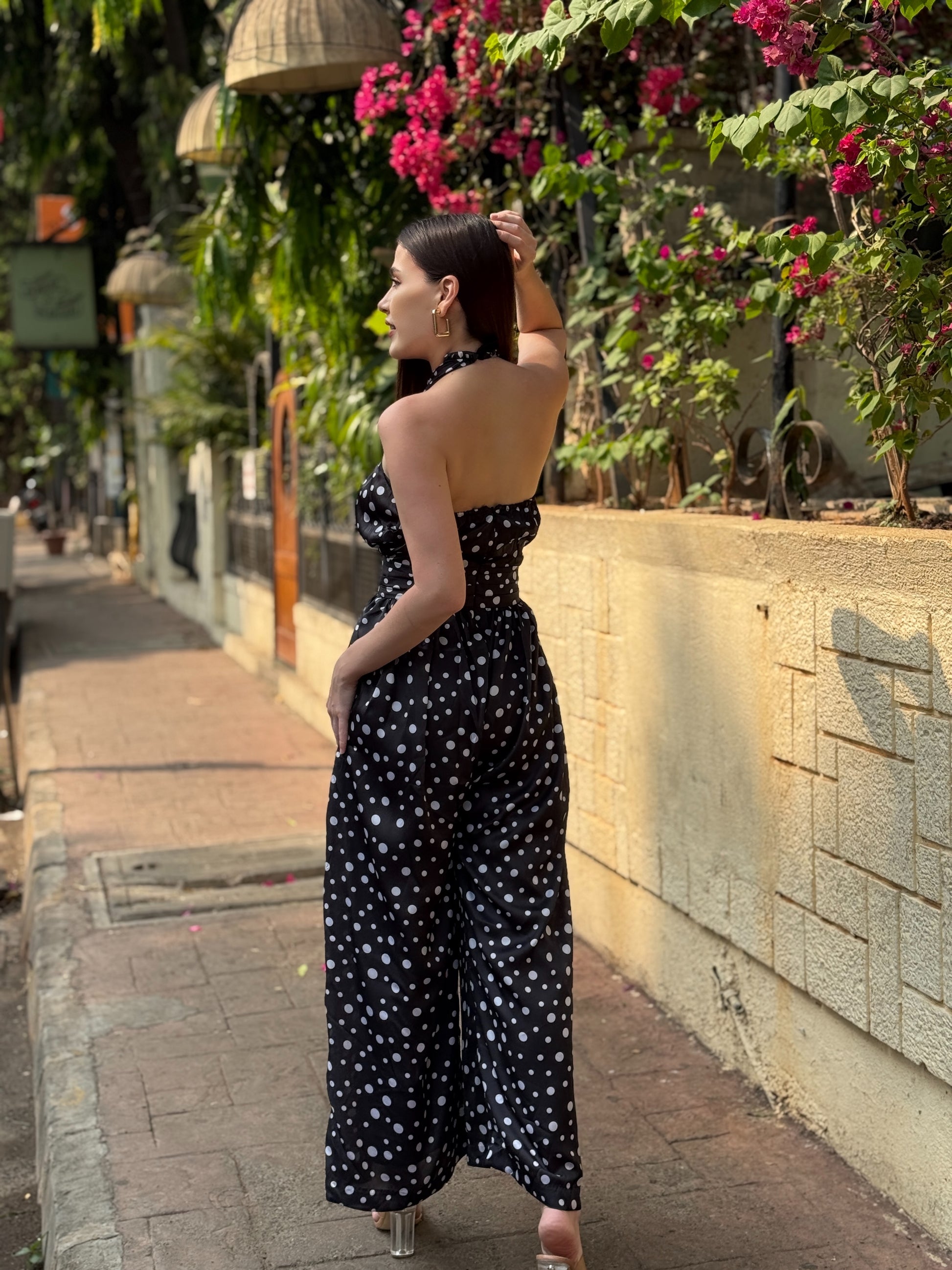 polka dot wide leg jumpsuit elastic