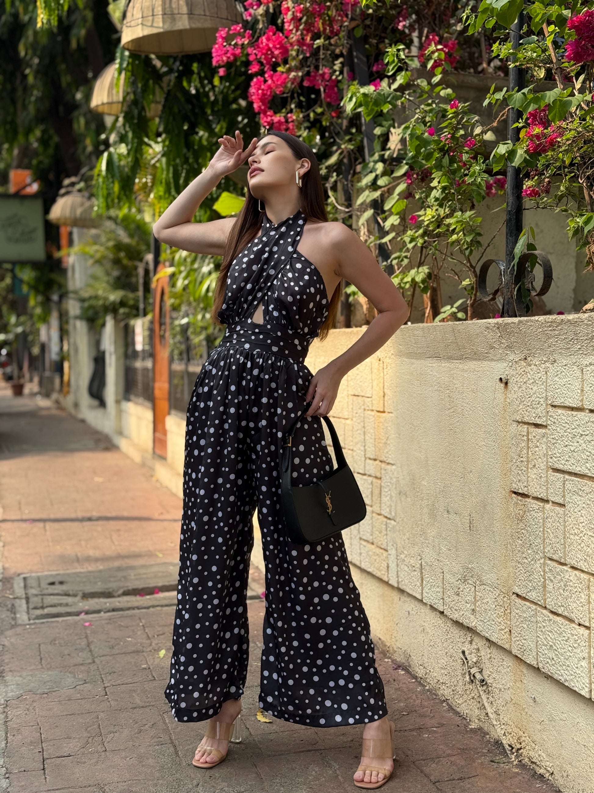 polka dot wide leg jumpsuit flowy organza
