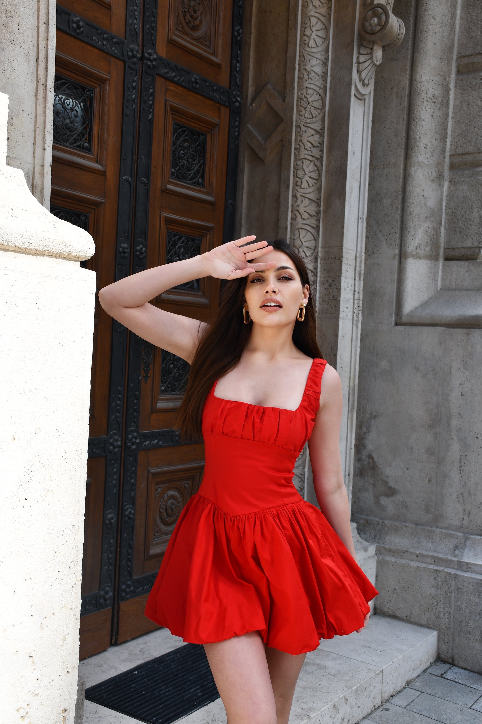red mini balloon dress elegant lace up back
