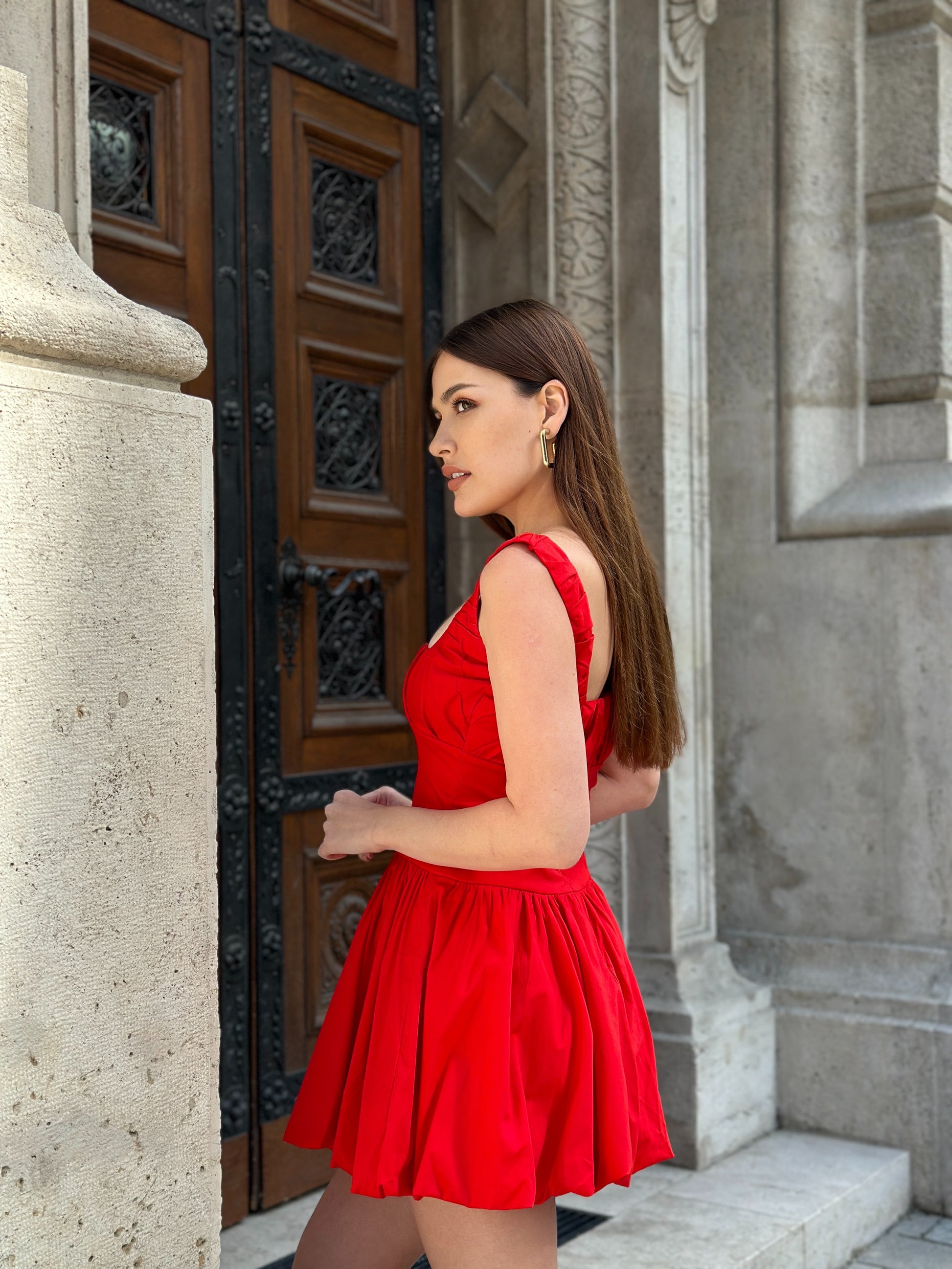 red mini balloon dress elegant lace up back holiday