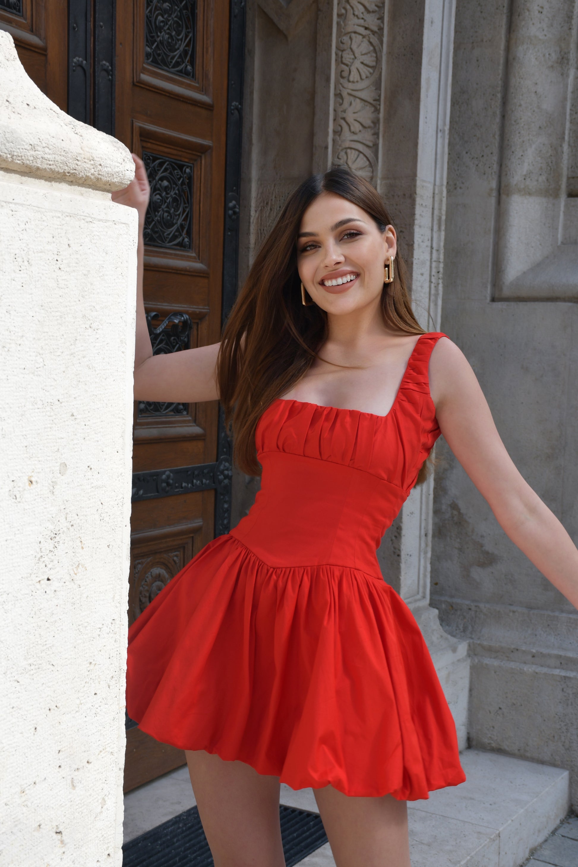 red mini balloon dress elegant feminine