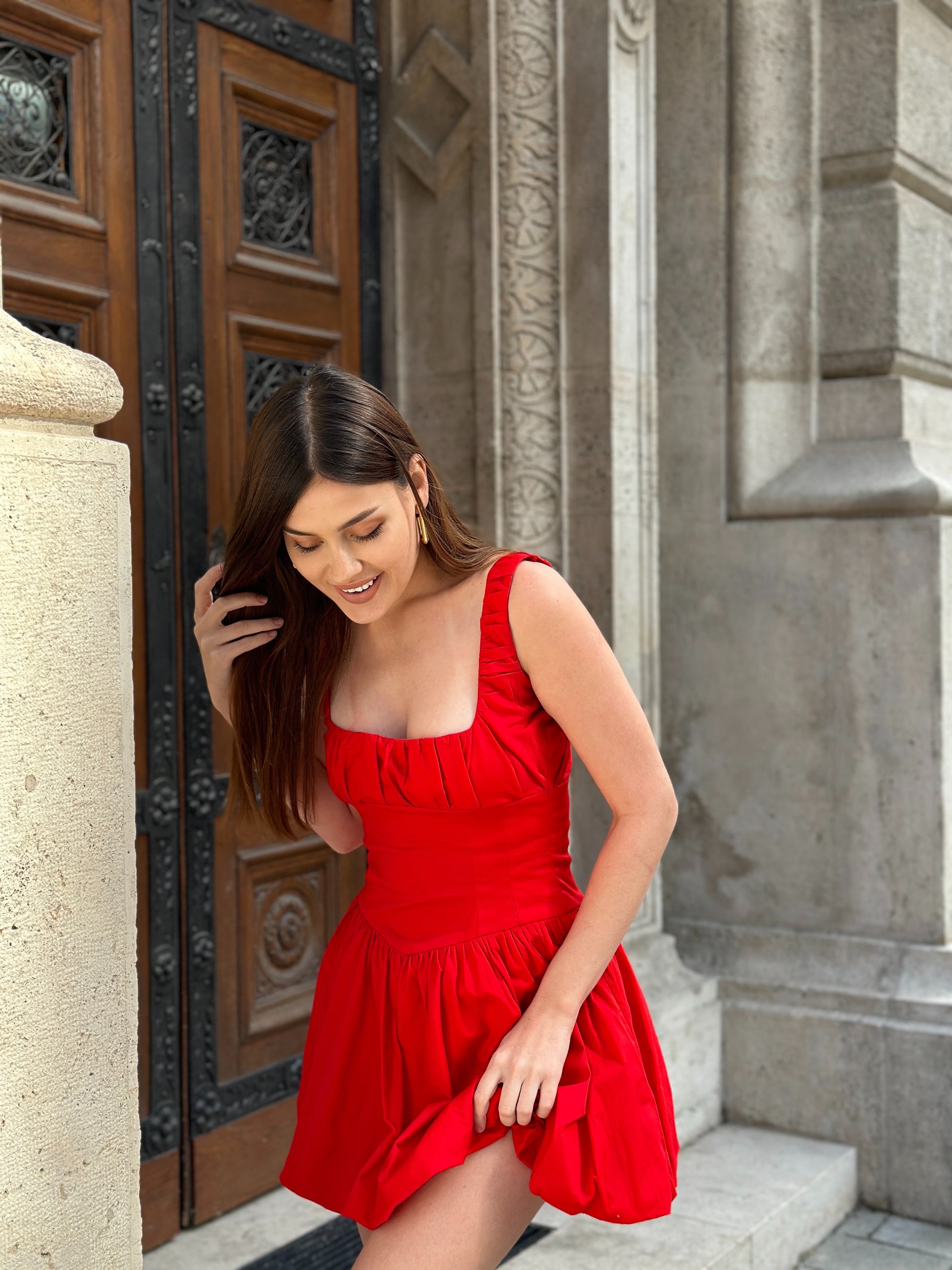 red mini balloon dress elegant old money style