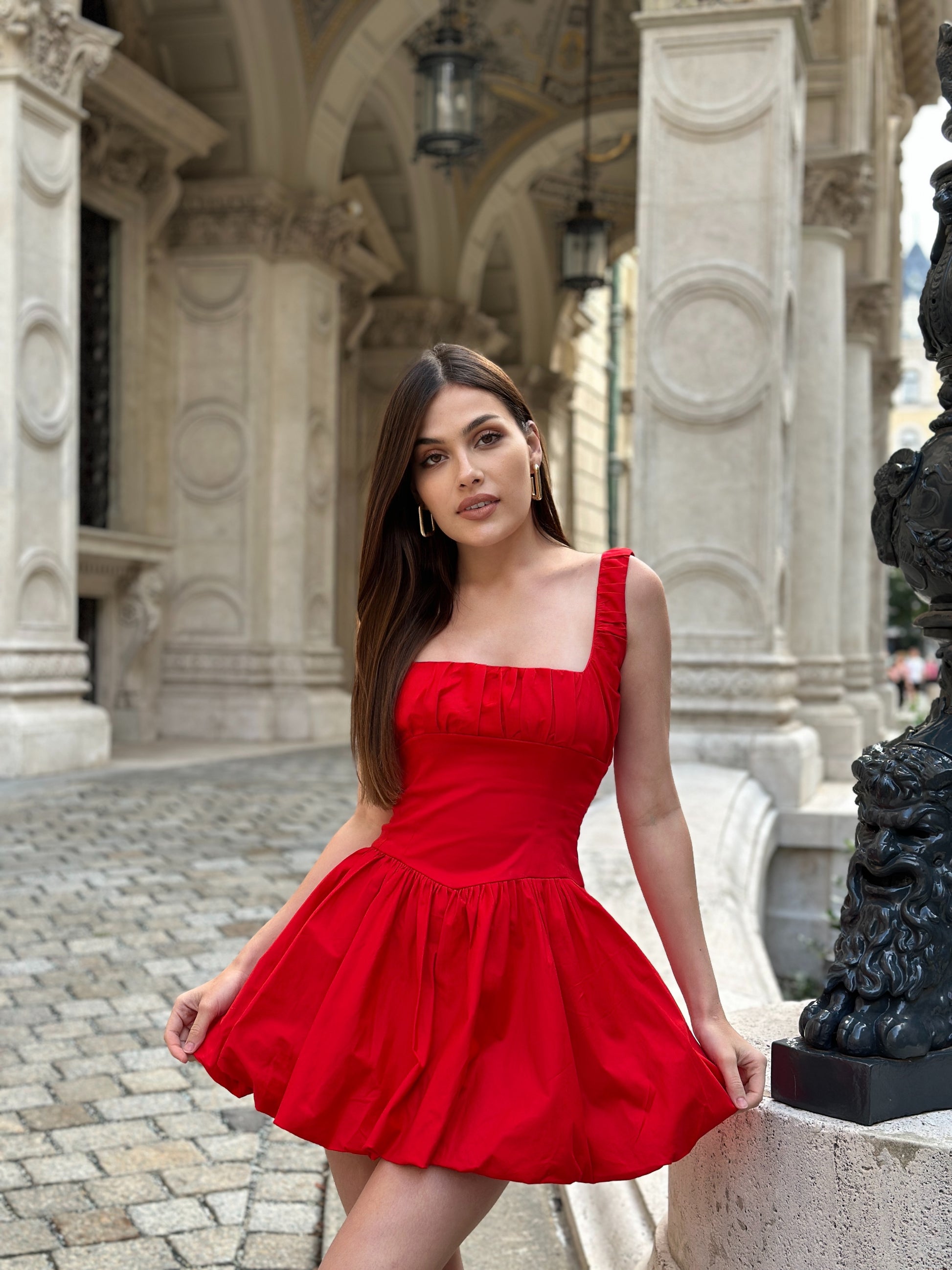 red mini balloon dress elegant vibrant color