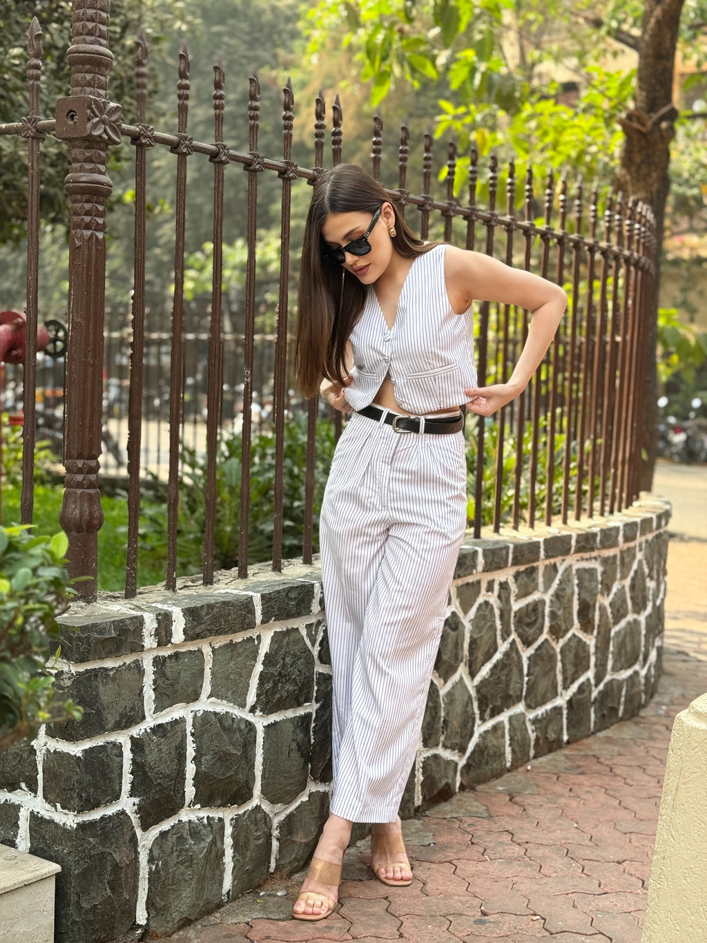 striped elegant straight trousers coordset office style