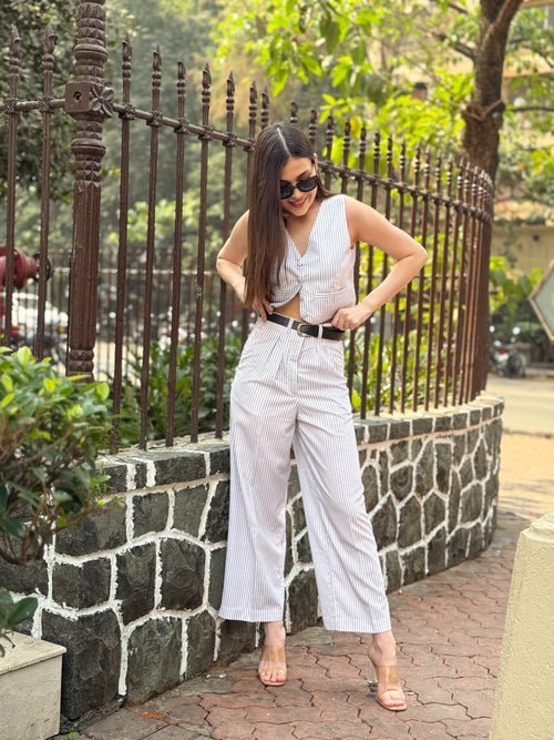 striped elegant straight trousers high waist
