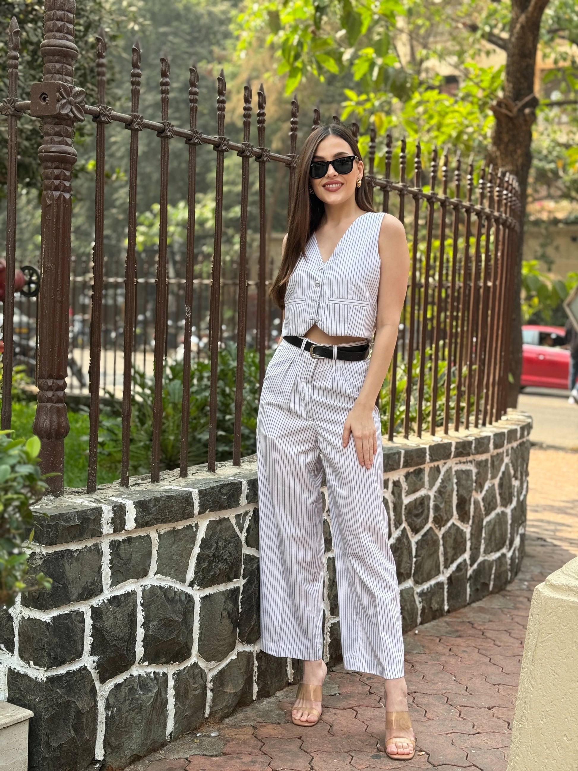 striped elegant straight trousers pocket
