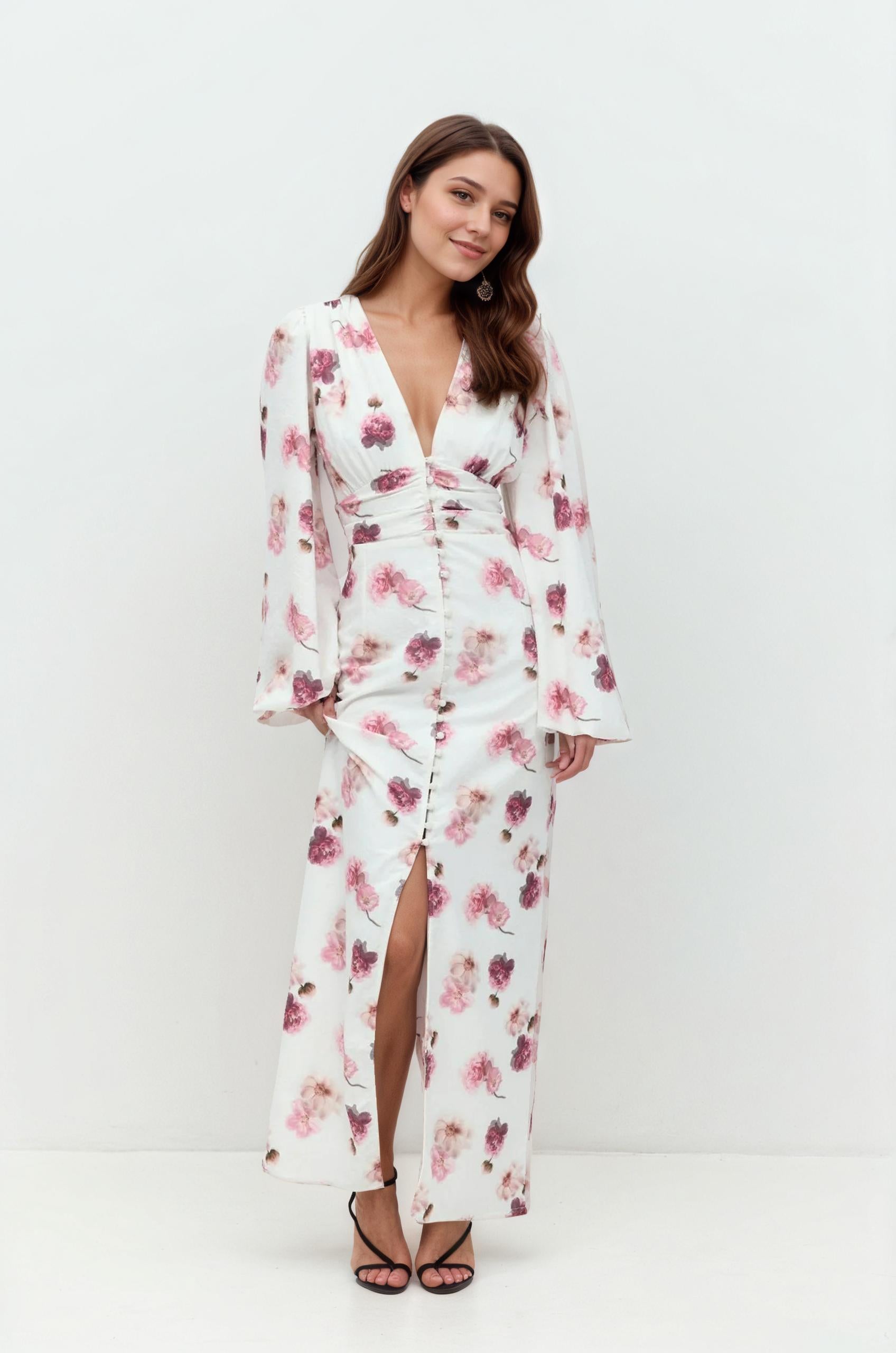 white floral dress,  european style, evening dress, holiday dress