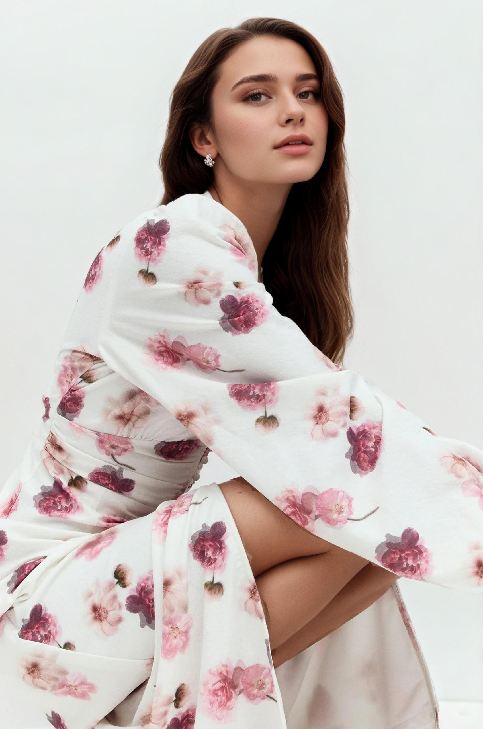 white floral dress, european style, evening dress, holiday dress, western dress