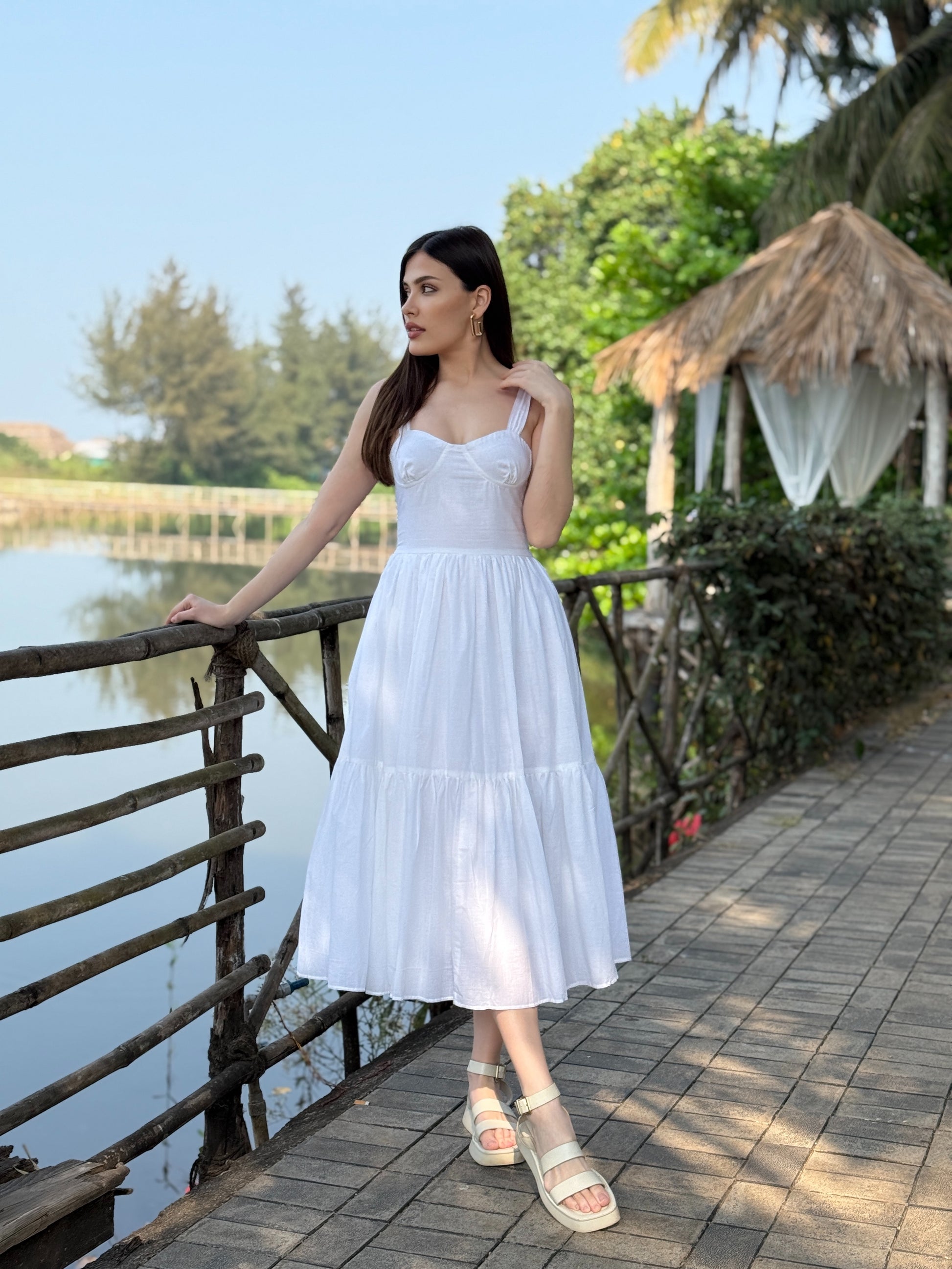 Cotton White midi summer dress full size
