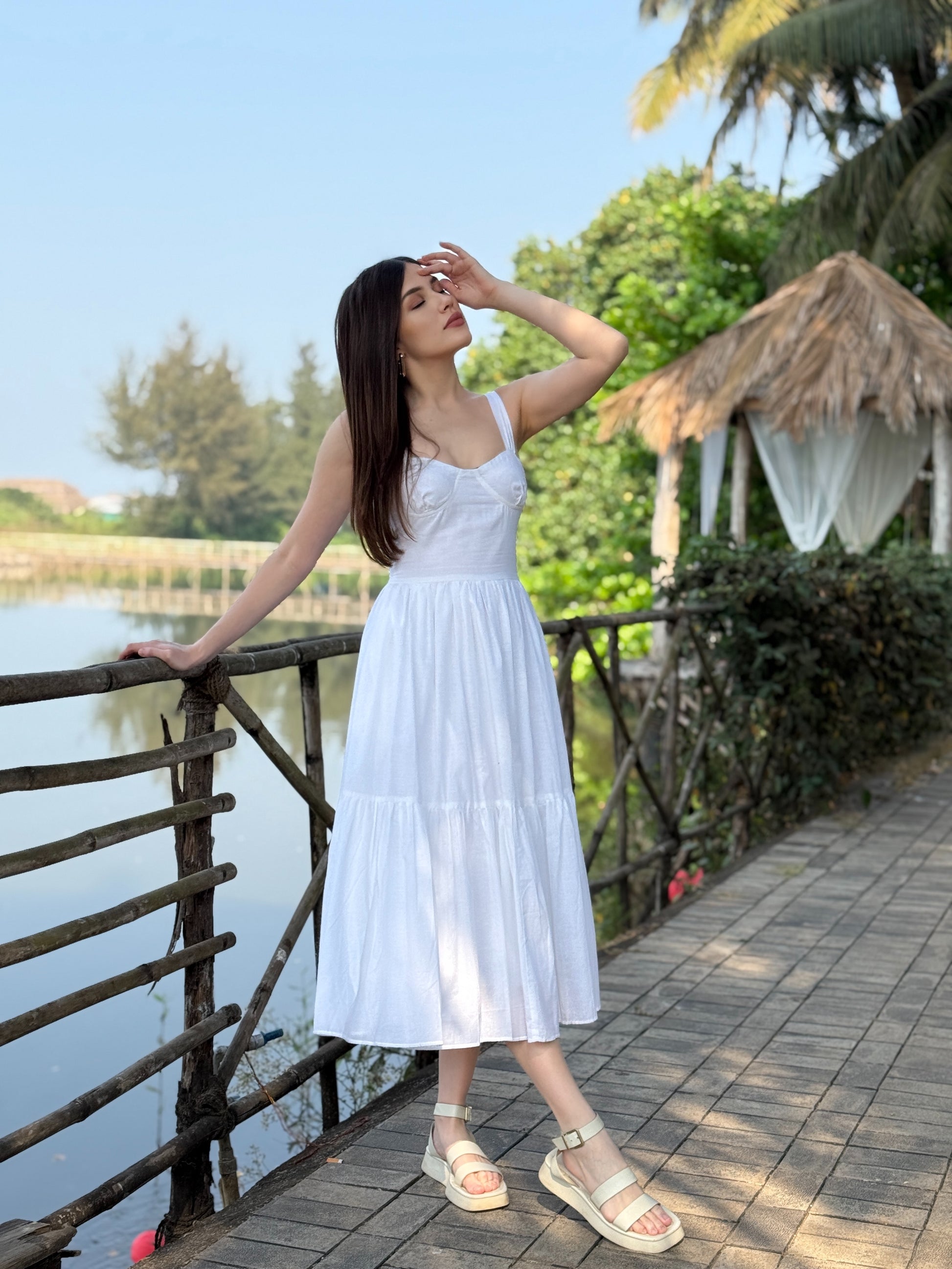 White Cotton midi pretty dress for vacation