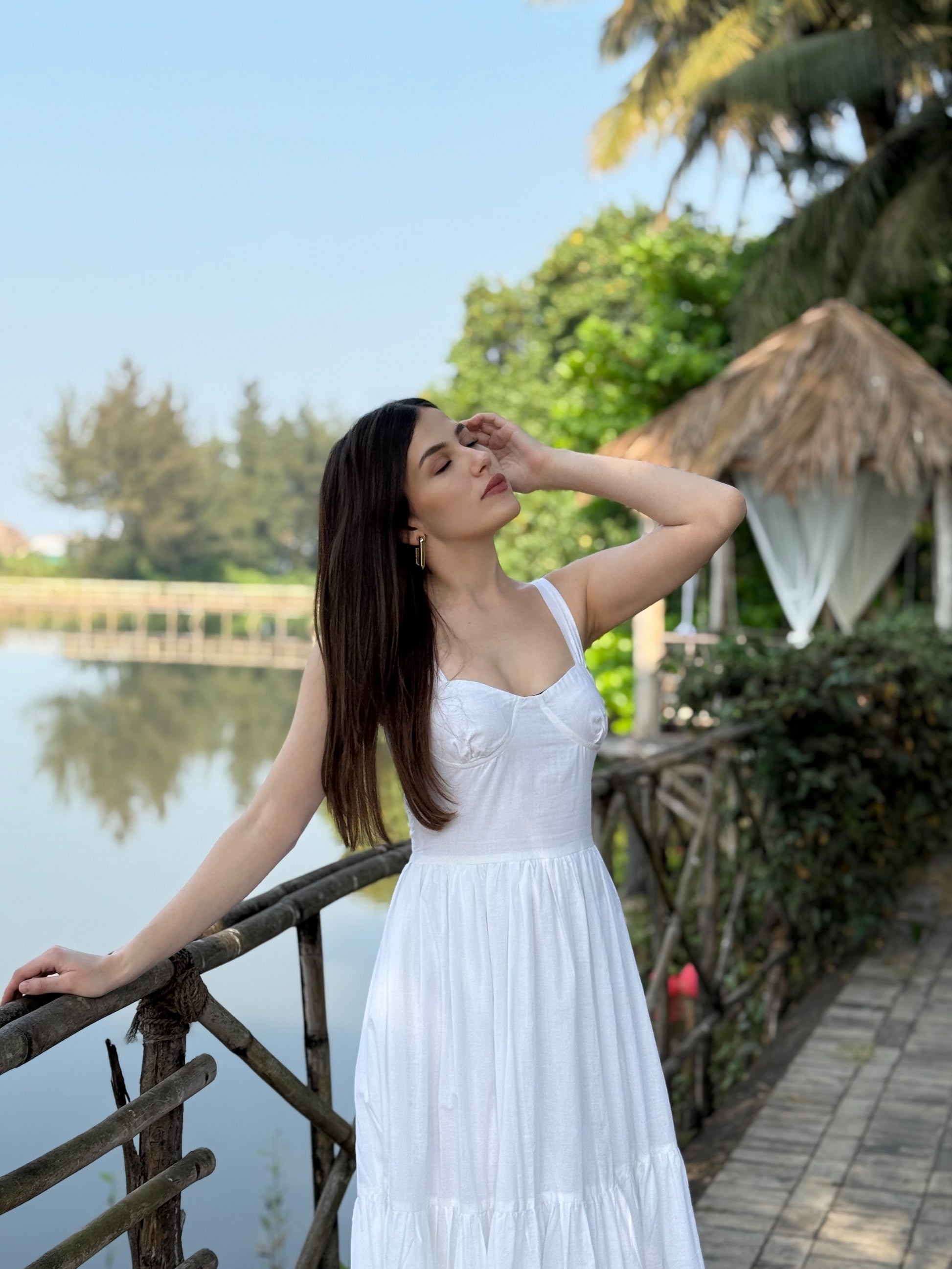 Midi white cotton flared dress holiday