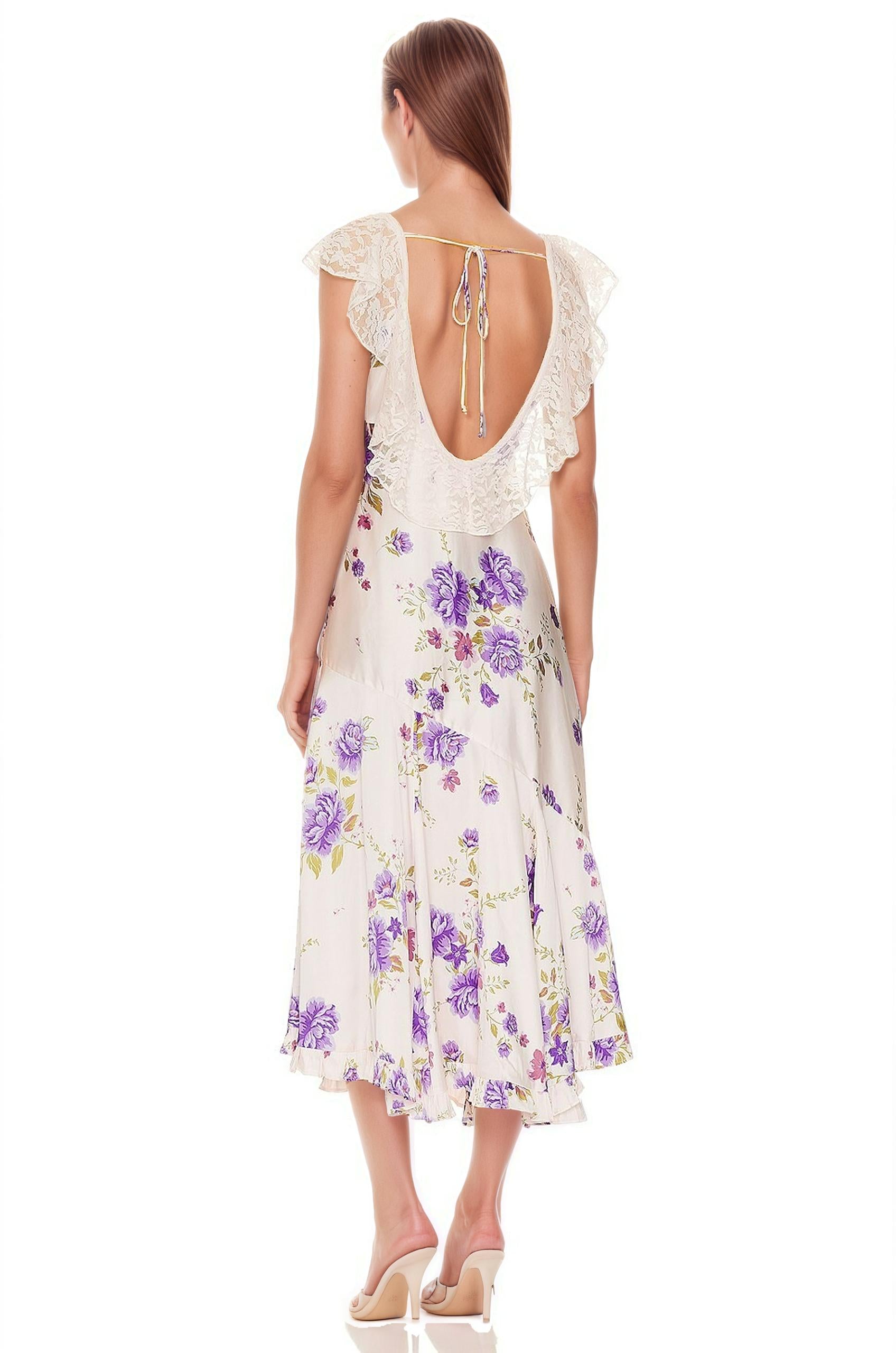 white floral dress, purple dress, purple midi dress, date dress, party dress, tie up back, lace neck